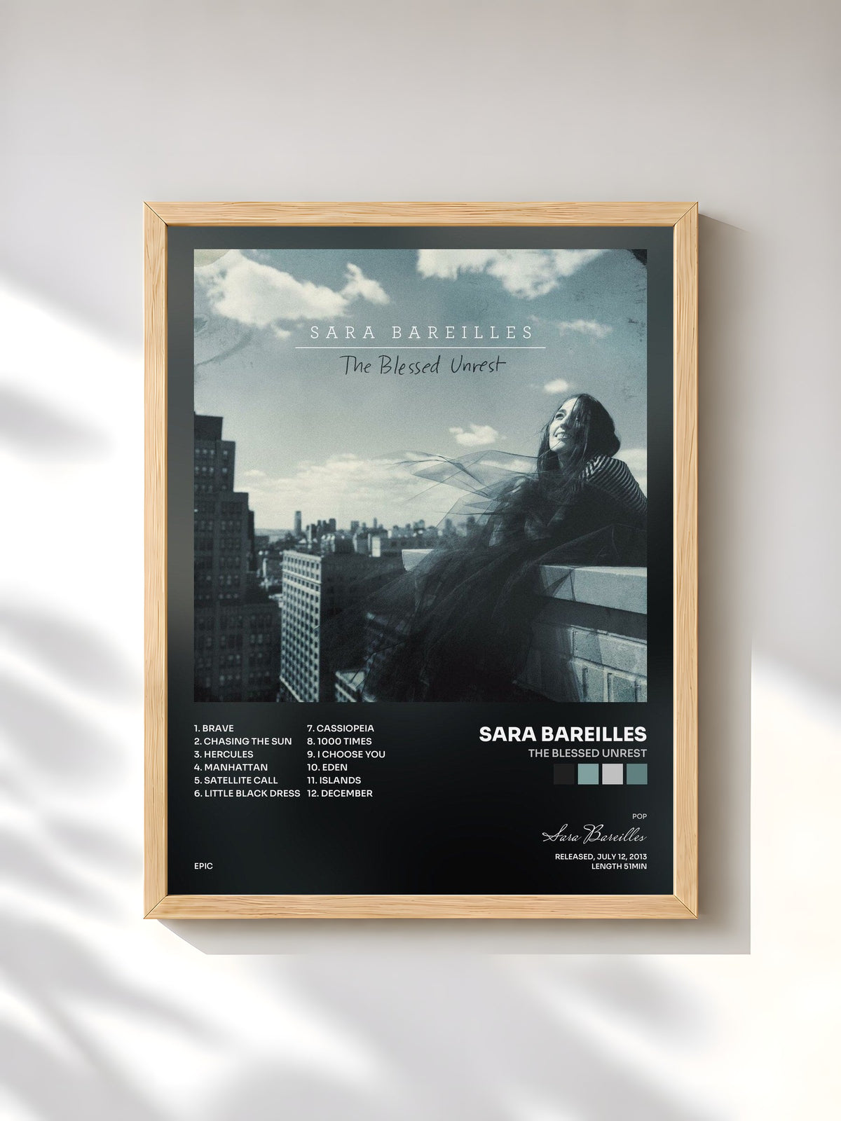 #bois Tableau de l'album The Blessed Unrest de Sara Bareilles, cadre en bois brut, imprimé et encadré en France