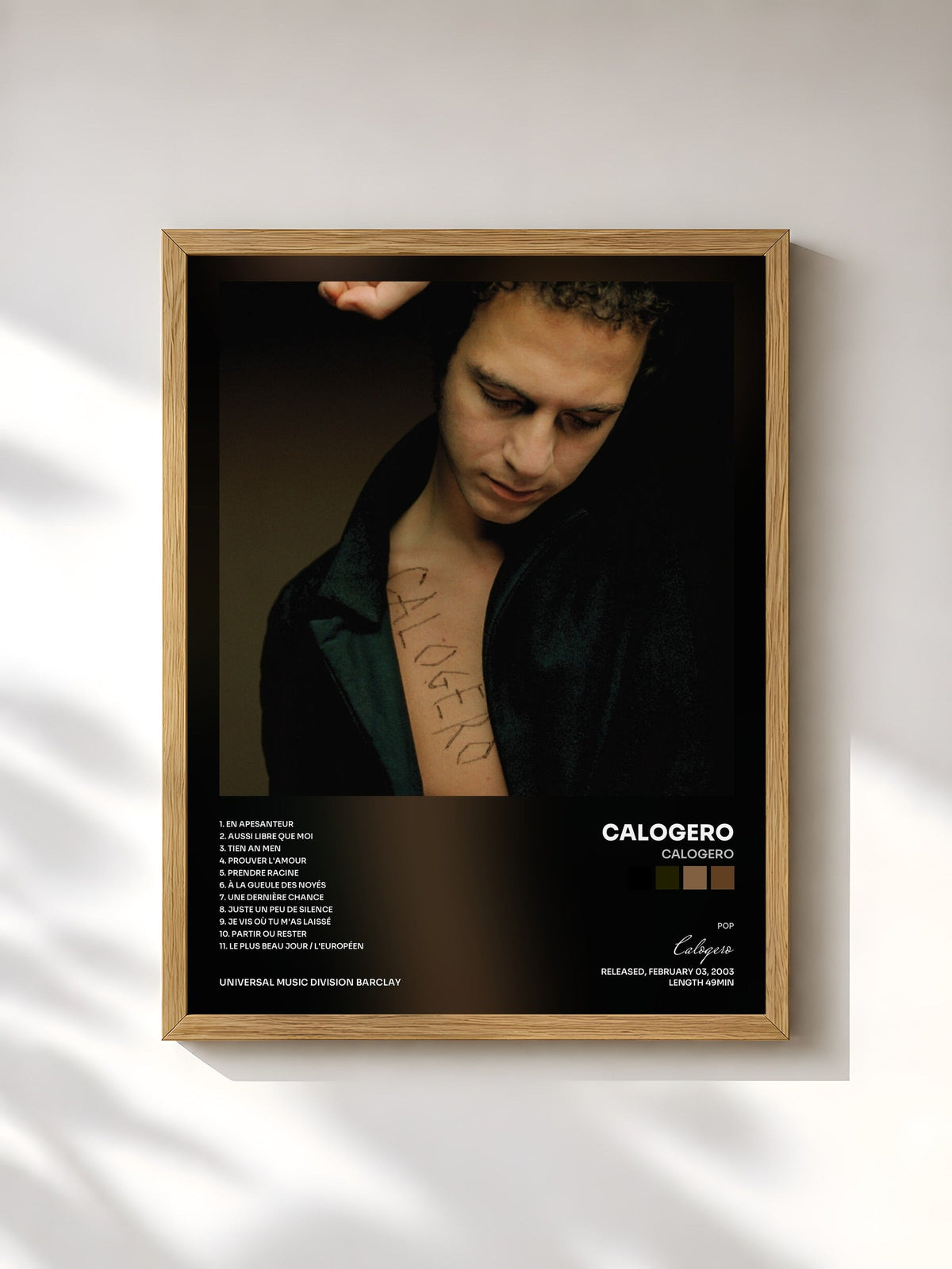 #bois Tableau de l'album Calogero de Calogero, cadre en bois brut, imprimé et encadré en France
