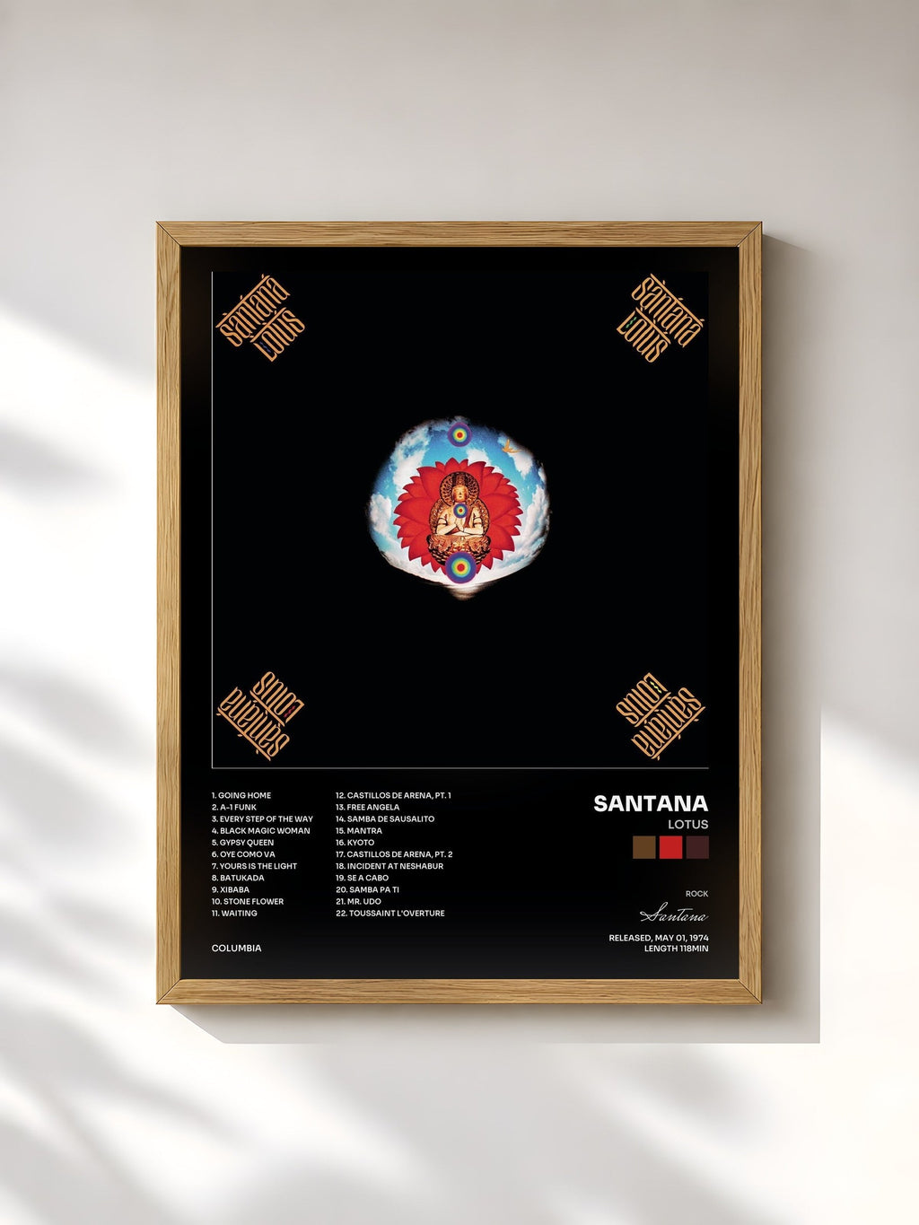 #bois Tableau de l'album Lotus de Santana, cadre en bois brut, imprimé et encadré en France