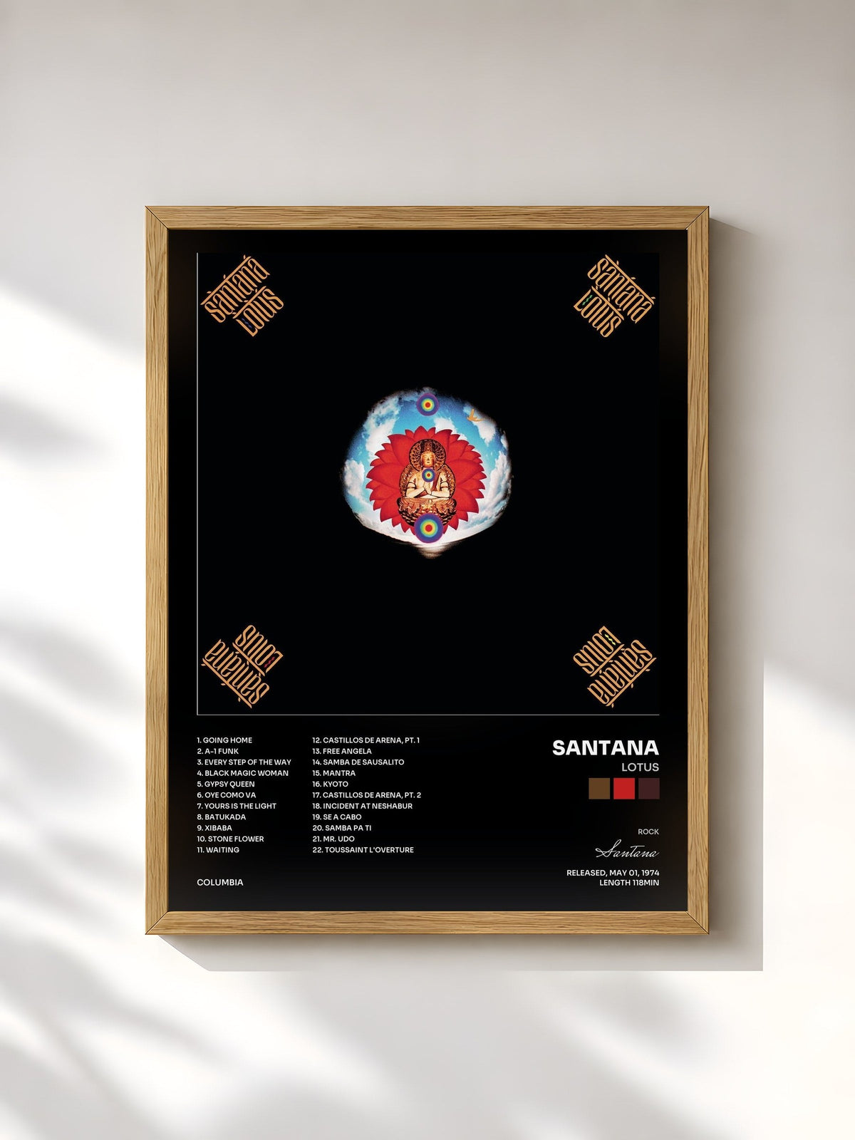#bois Tableau de l'album Lotus de Santana, cadre en bois brut, imprimé et encadré en France