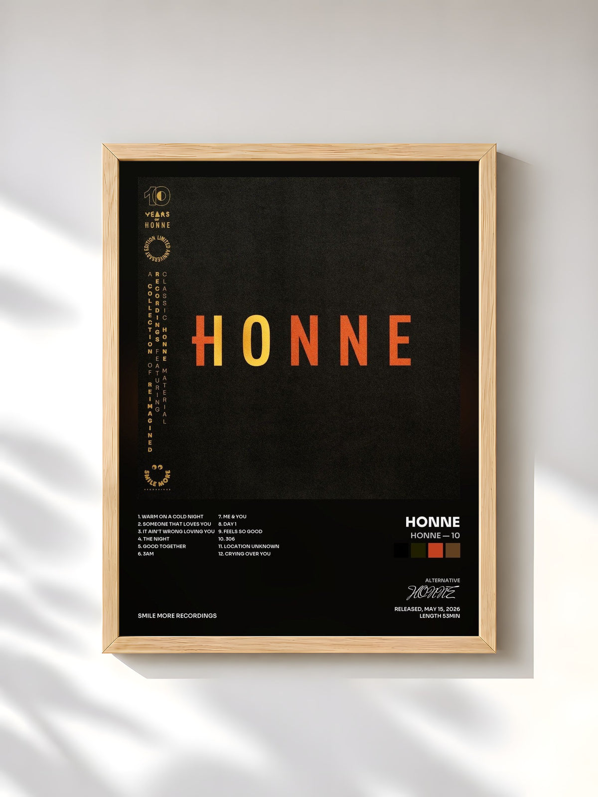 #bois Tableau de l'album HONNE — 10 de HONNE, cadre en bois brut, imprimé et encadré en France