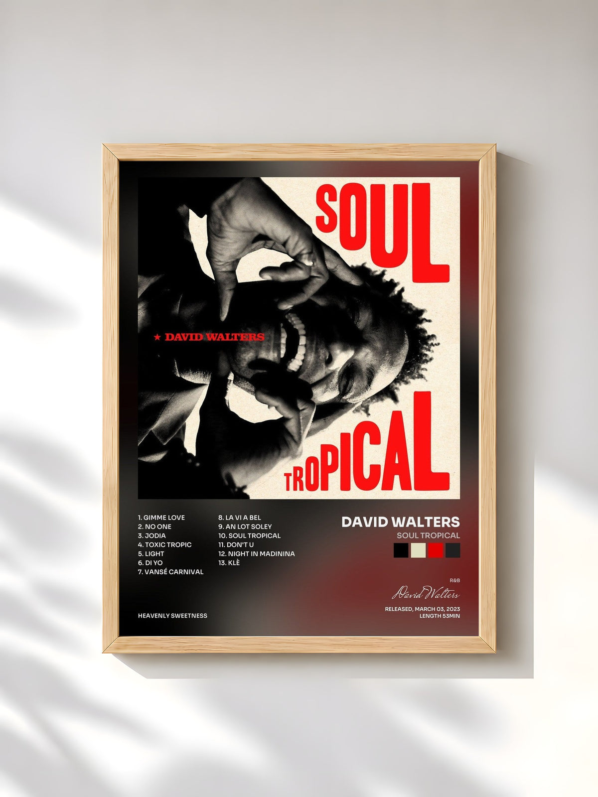 #bois Tableau de l'album Soul Tropical de David Walters, cadre en bois brut, imprimé et encadré en France