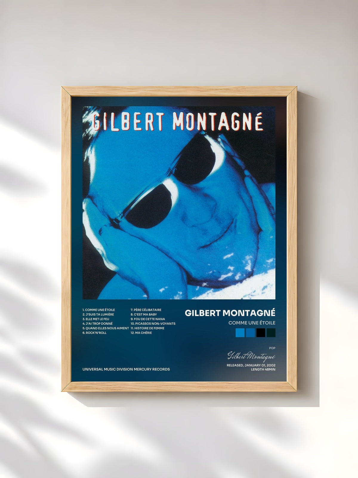 #bois Tableau de l'album Comme une étoile de Gilbert Montagné, cadre en bois brut, imprimé et encadré en France