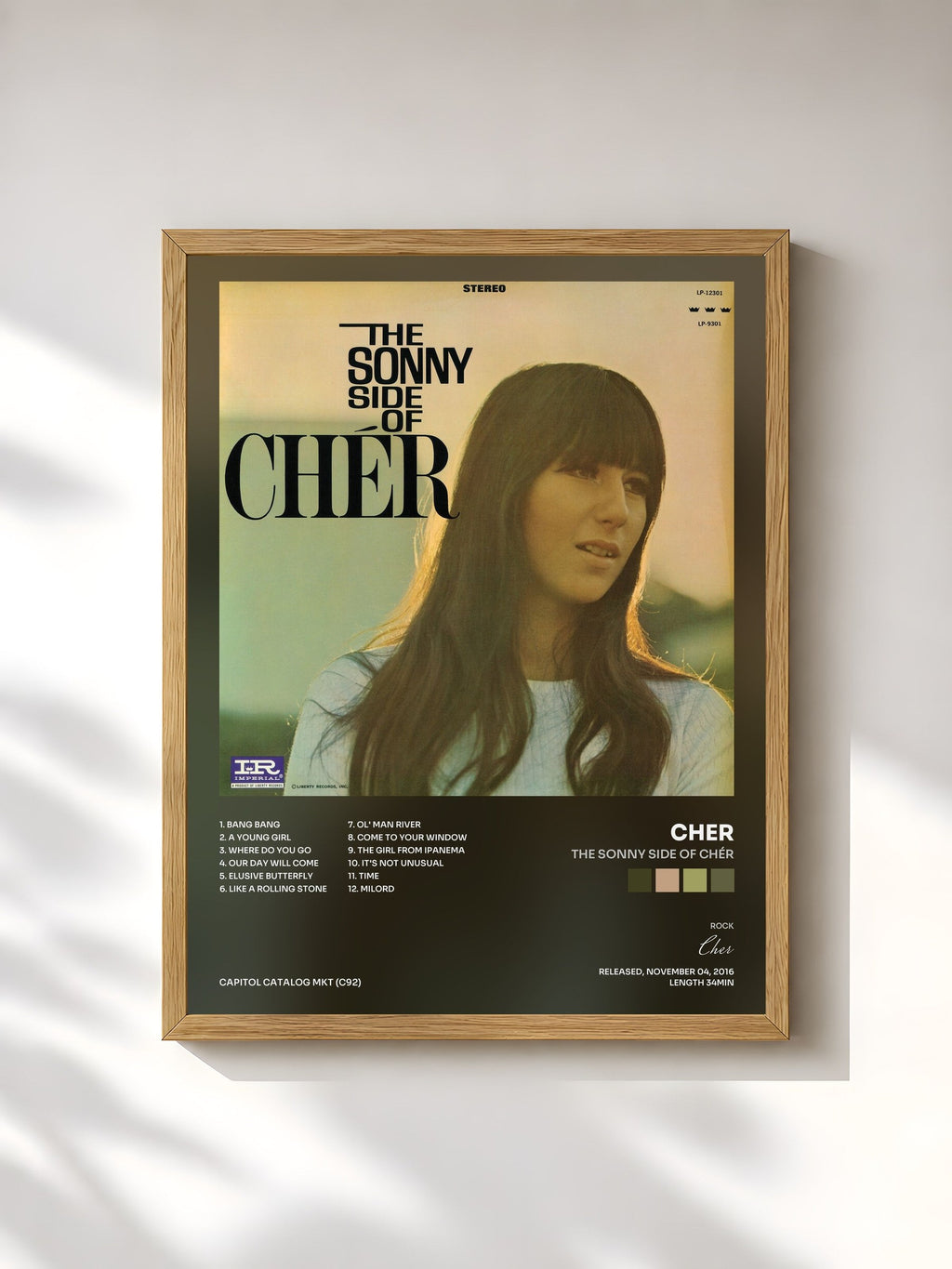 #bois Tableau de l'album The Sonny Side Of Chér de Cher, cadre en bois brut, imprimé et encadré en France