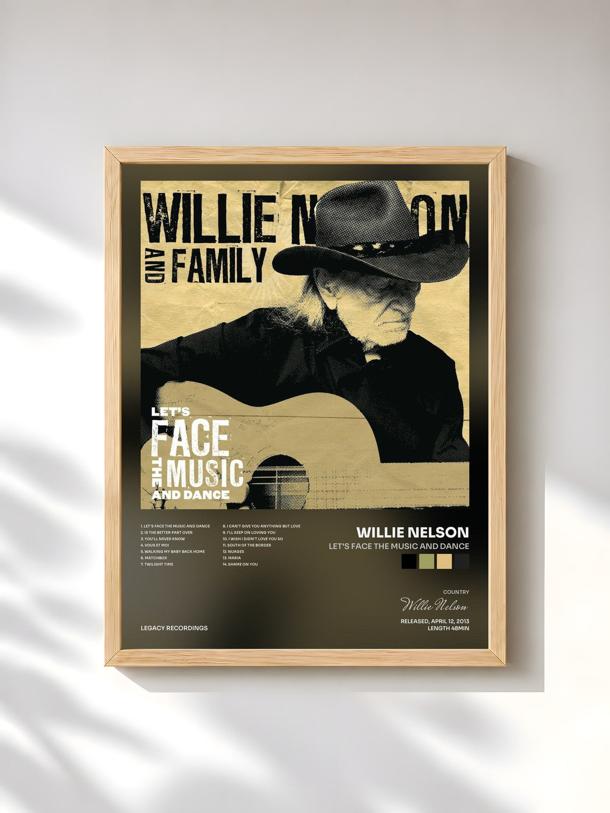 #bois Tableau de l'album Let's Face The Music And Dance de Willie Nelson, cadre en bois brut, imprimé et encadré en France