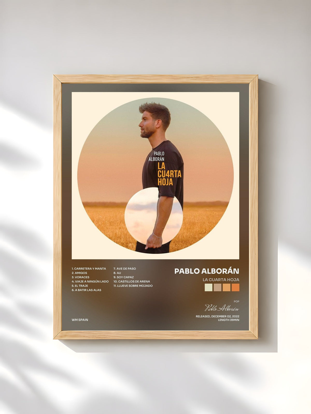 #bois Tableau de l'album La cuarta hoja de Pablo Alborán, cadre en bois brut, imprimé et encadré en France