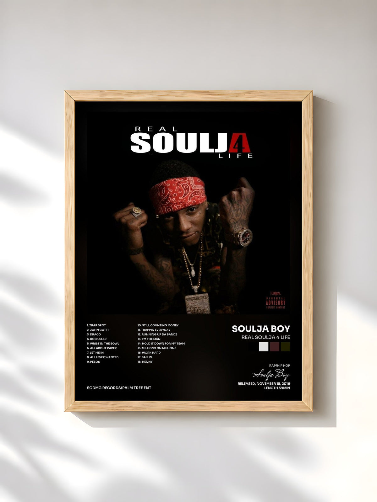 #bois Tableau de l'album Real Soulja 4 Life de Soulja Boy, cadre en bois brut, imprimé et encadré en France