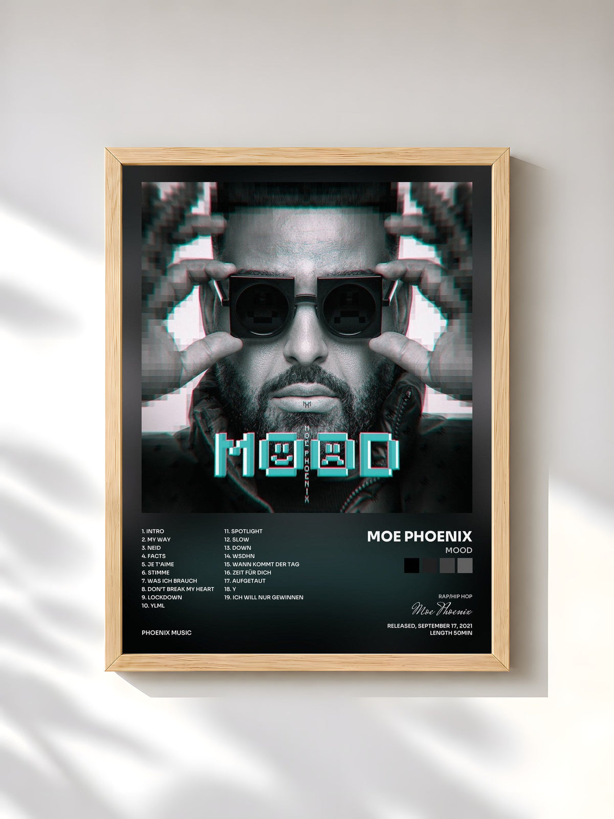 #bois Tableau de l'album MOOD de Moe Phoenix, cadre en bois brut, imprimé et encadré en France