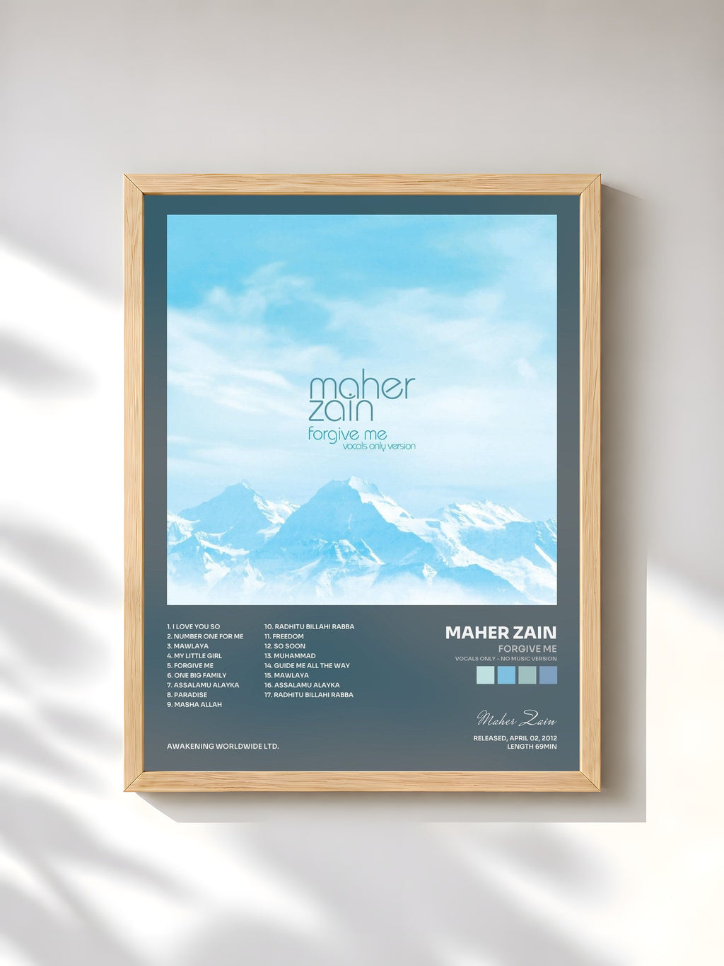 #bois Tableau de l'album Forgive Me (Vocals Only - No Music Version) de Maher Zain, cadre en bois brut, imprimé et encadré en France