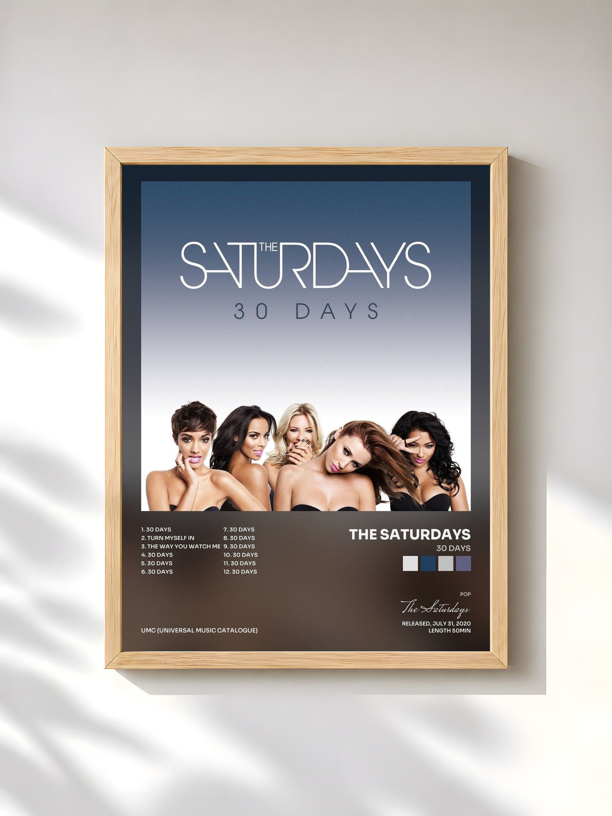 #bois Tableau de l'album 30 Days de The Saturdays, cadre en bois brut, imprimé et encadré en France