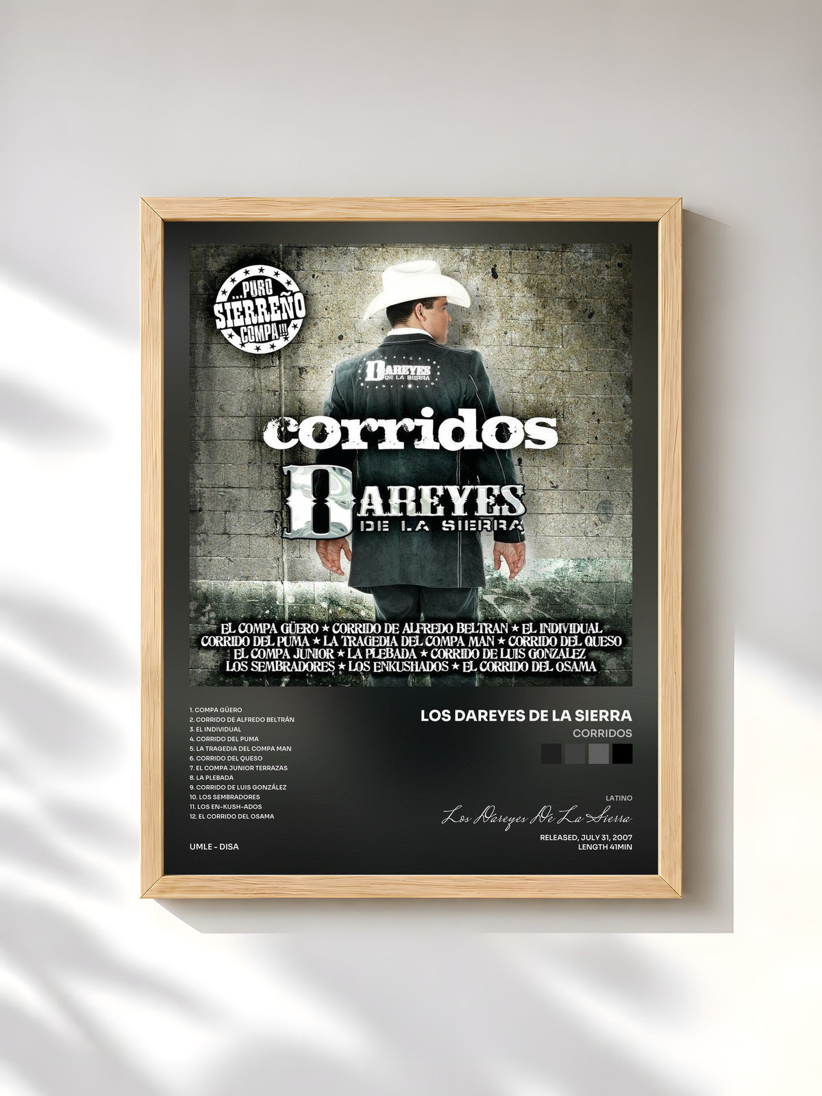 #bois Tableau de l'album Corridos de Los Dareyes De La Sierra, cadre en bois brut, imprimé et encadré en France