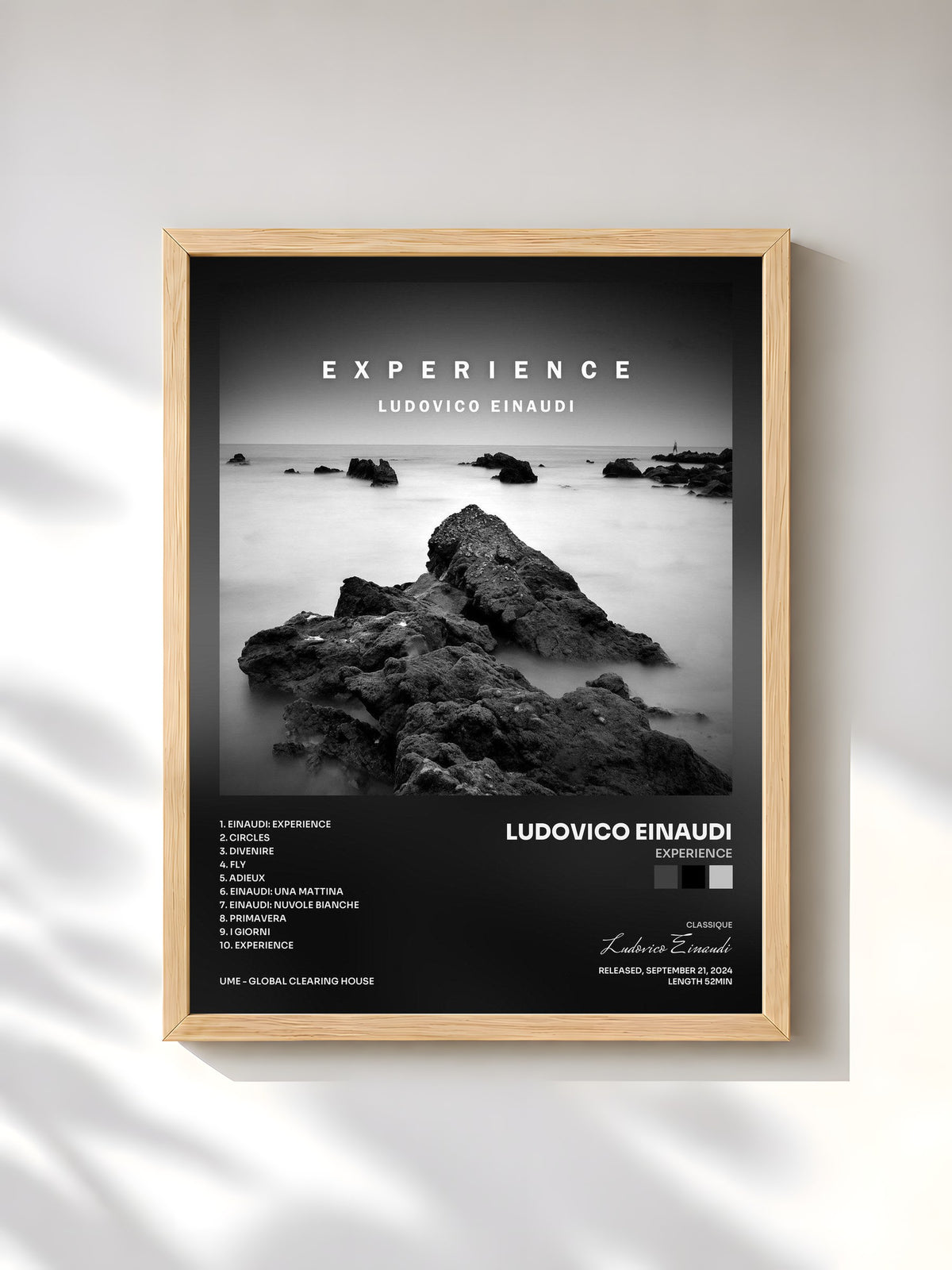 #bois Tableau de l'album Experience de Ludovico Einaudi, cadre en bois brut, imprimé et encadré en France