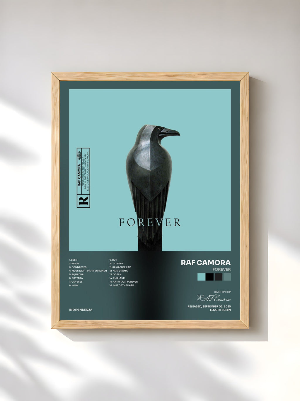 #bois Tableau de l'album FOREVER de RAF Camora, cadre en bois brut, imprimé et encadré en France