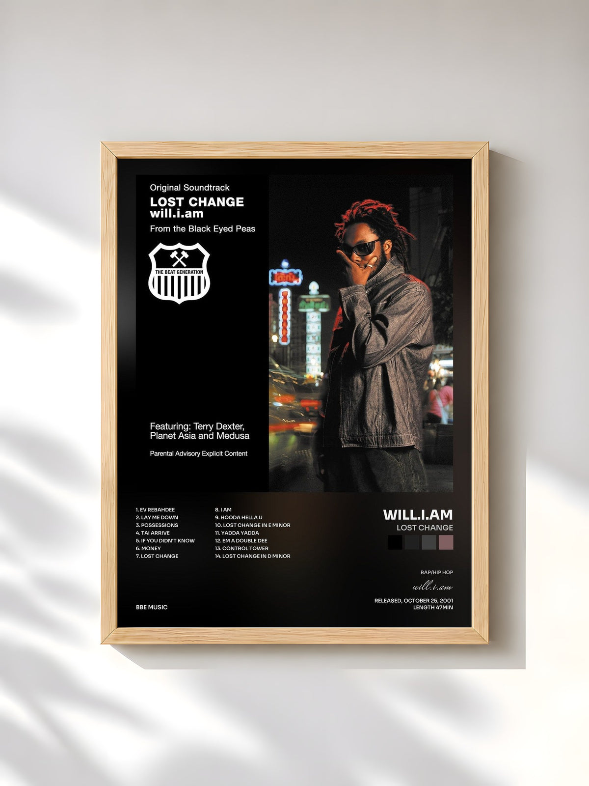 #bois Tableau de l'album Lost Change de will.i.am, cadre en bois brut, imprimé et encadré en France