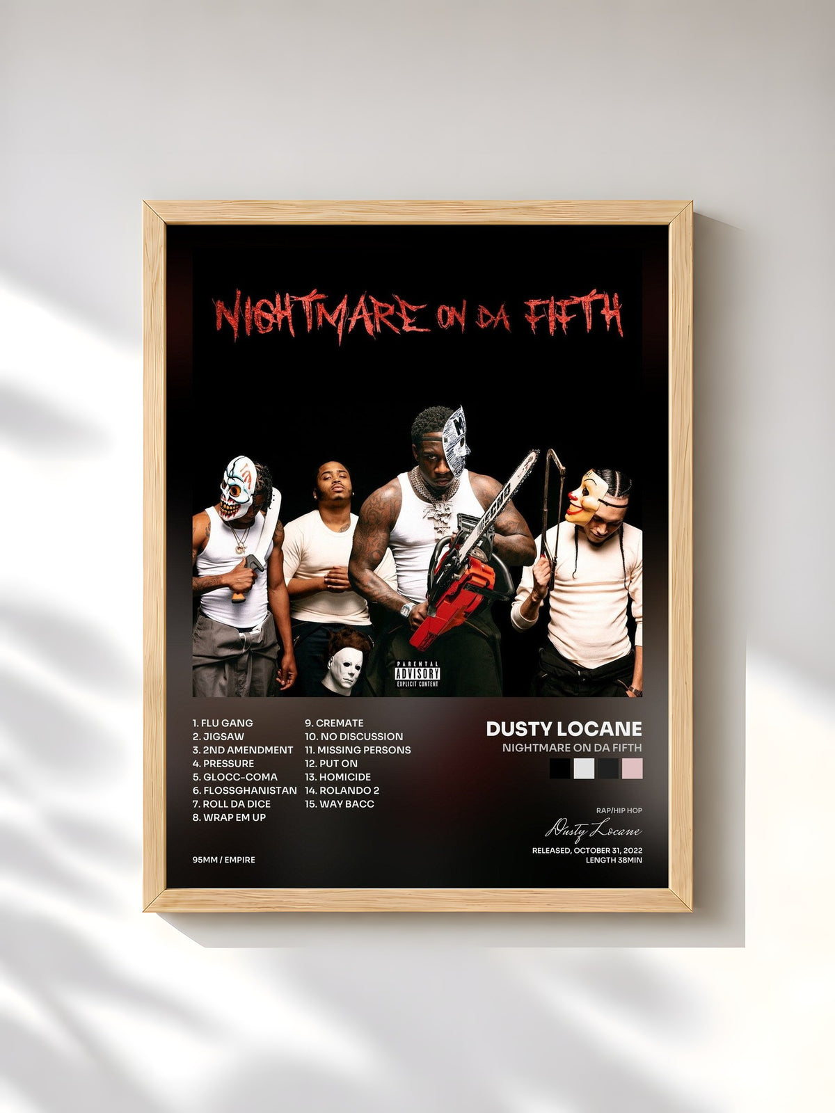 #bois Tableau de l'album NIGHTMARE ON DA FIFTH de Dusty Locane, cadre en bois brut, imprimé et encadré en France