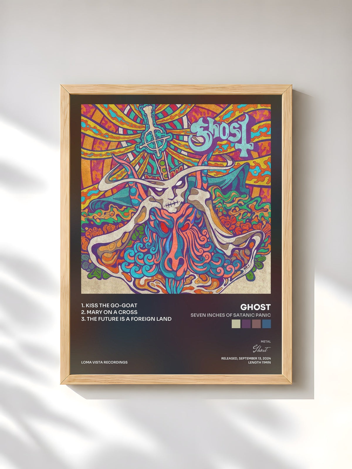 #bois Tableau de l'album Seven Inches of Satanic Panic de Ghost, cadre en bois brut, imprimé et encadré en France