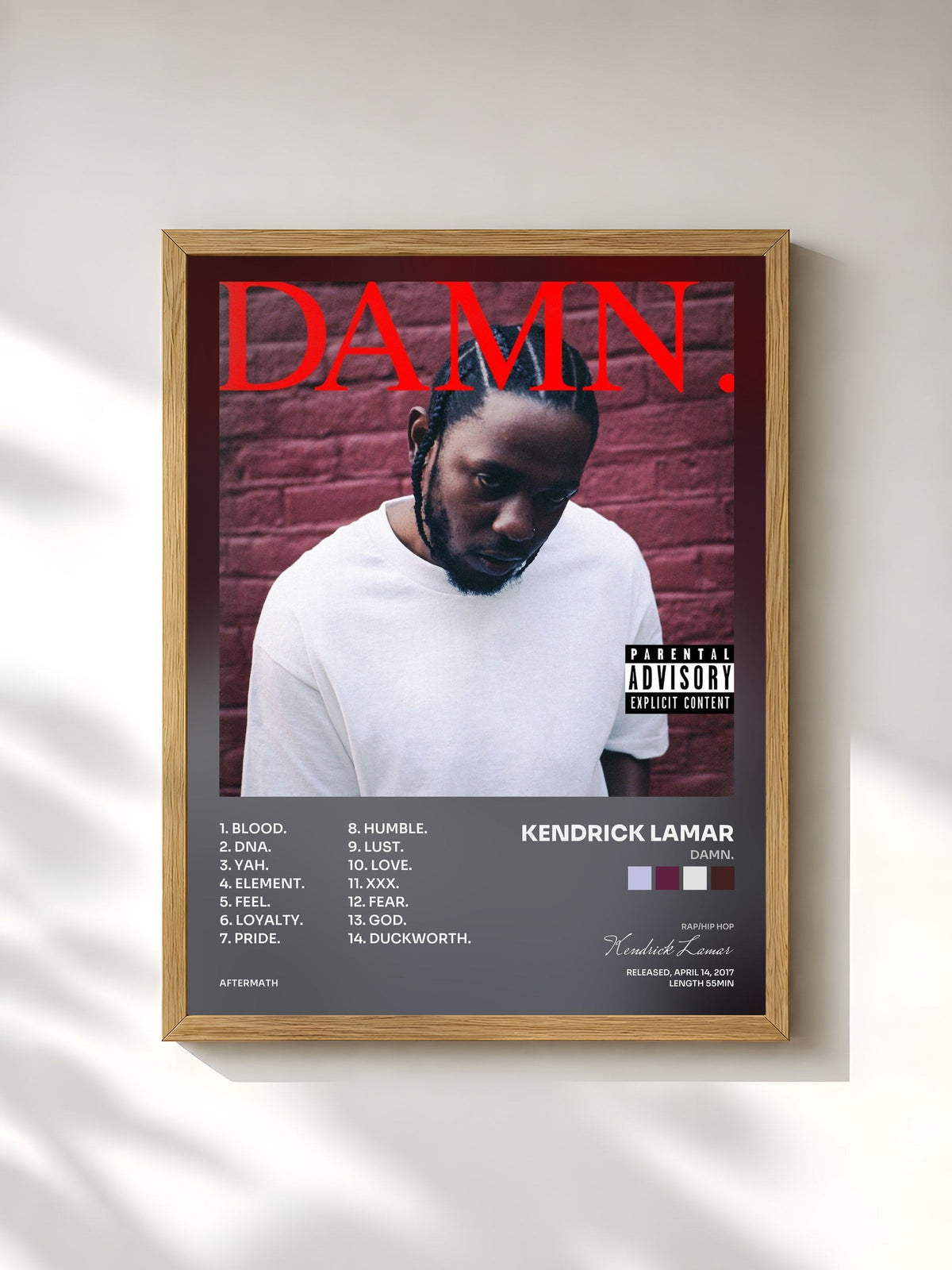 #bois Tableau de l'album DAMN. de Kendrick Lamar, cadre en bois brut, imprimé et encadré en France