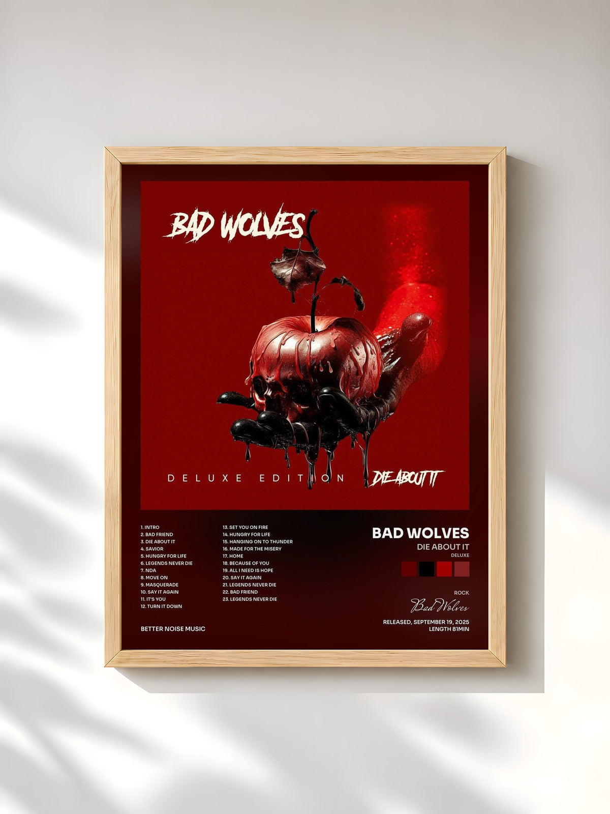 #bois Tableau de l'album Die About It (Deluxe) de Bad Wolves, cadre en bois brut, imprimé et encadré en France