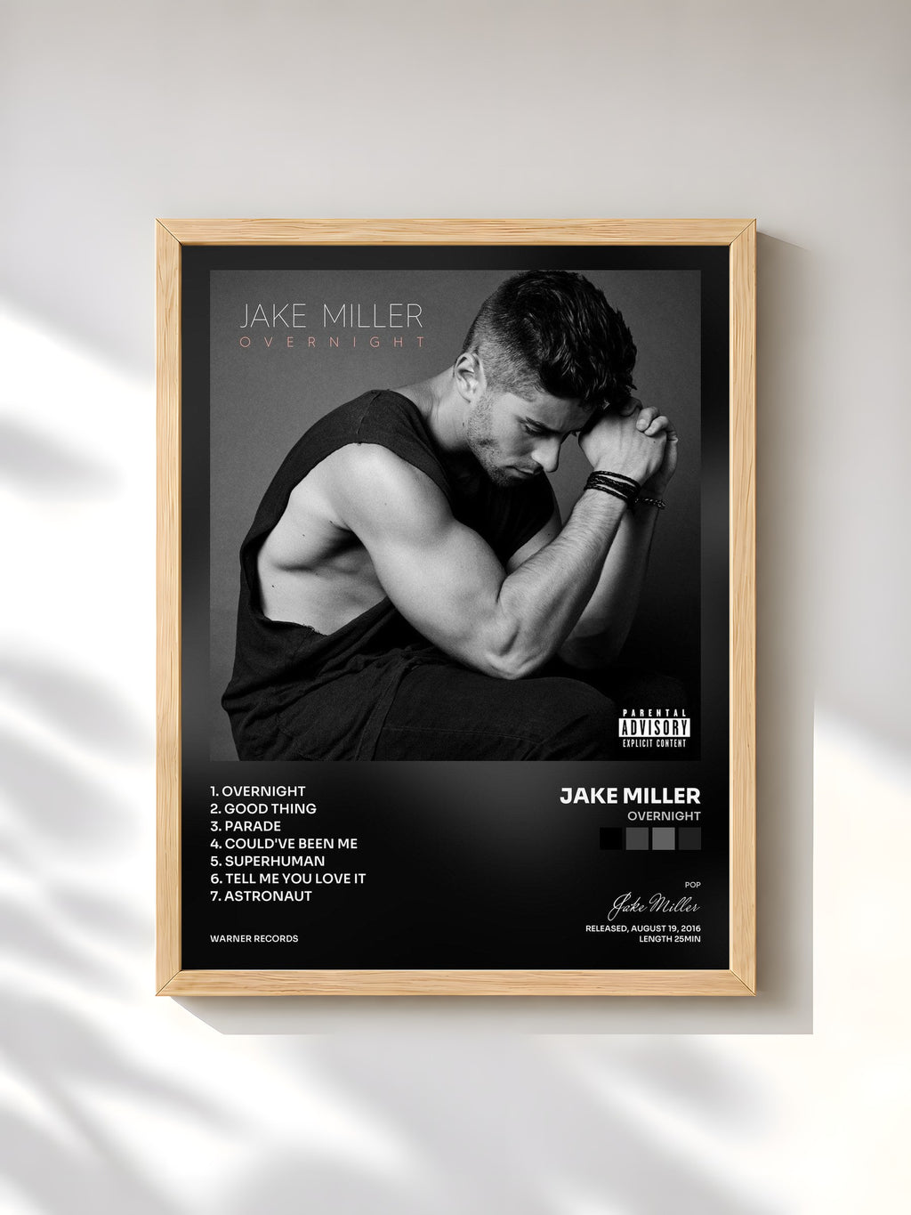 #bois Tableau de l'album Overnight de Jake Miller, cadre en bois brut, imprimé et encadré en France