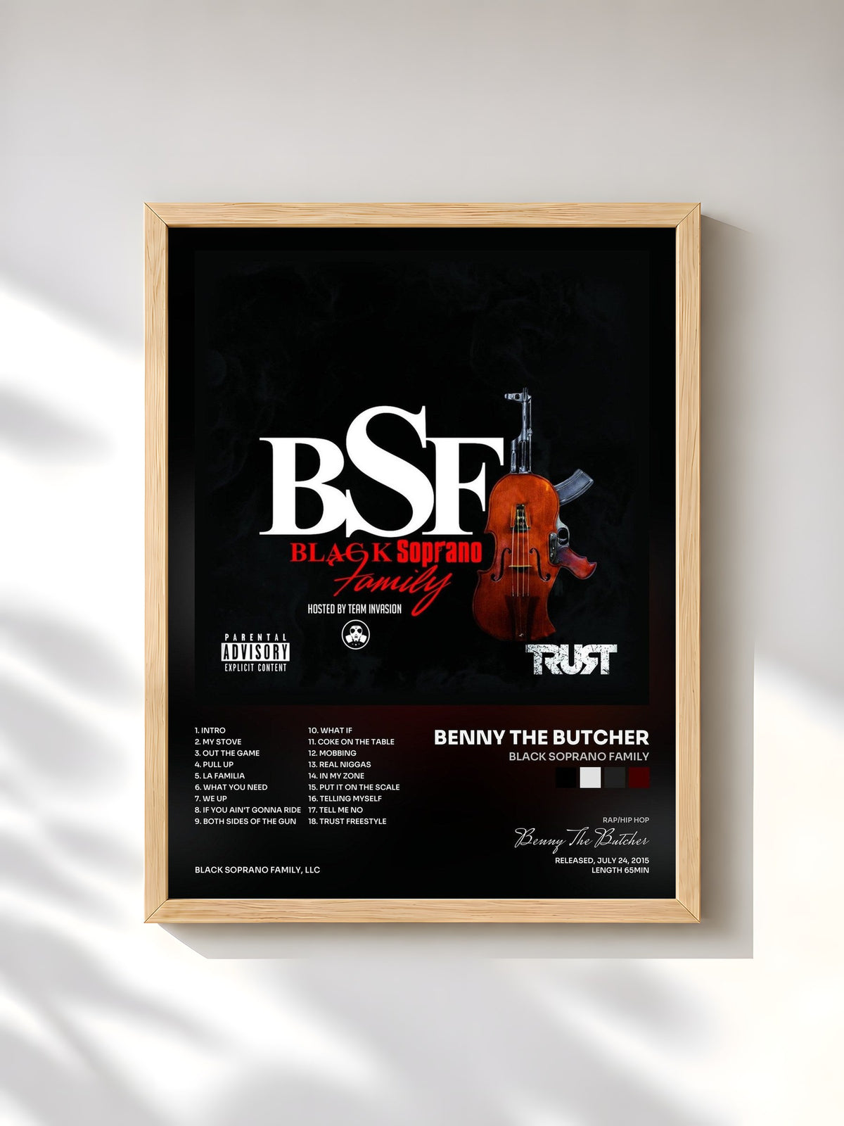 #bois Tableau de l'album Black Soprano Family de Benny The Butcher, cadre en bois brut, imprimé et encadré en France