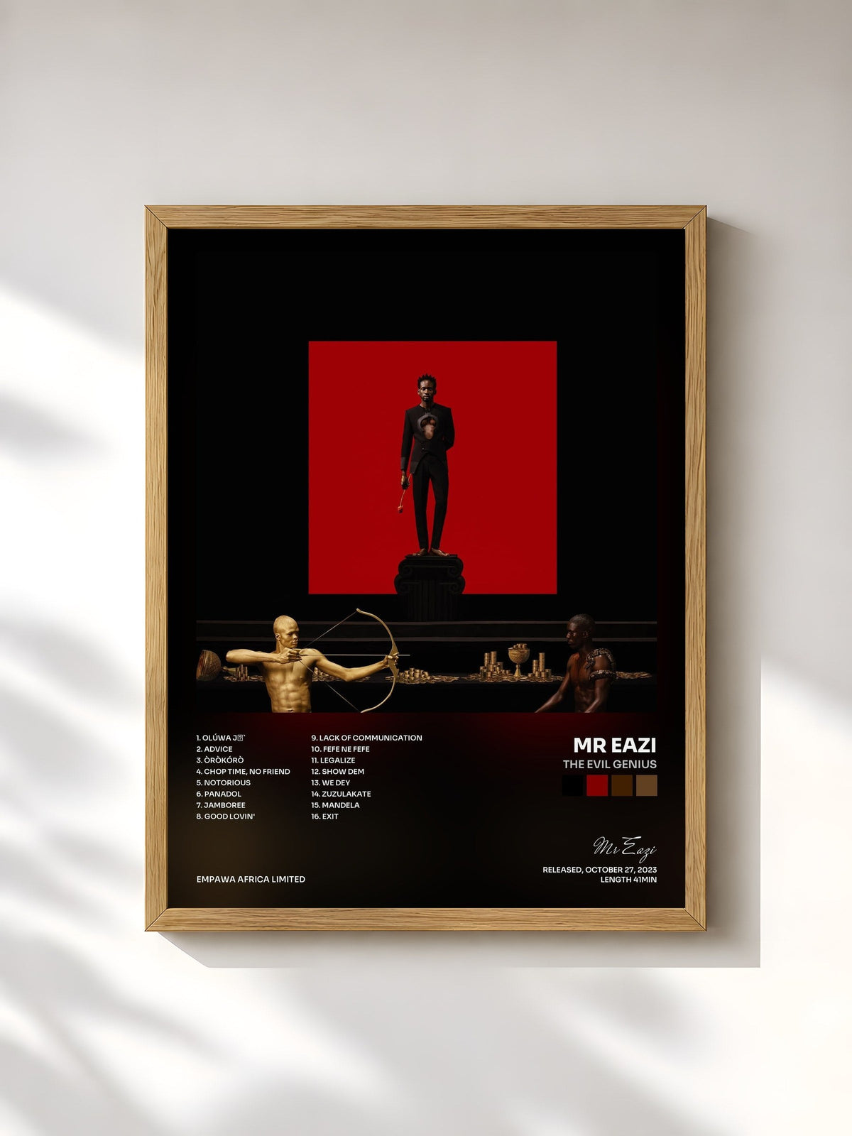 #bois Tableau de l'album The Evil Genius de Mr Eazi, cadre en bois brut, imprimé et encadré en France
