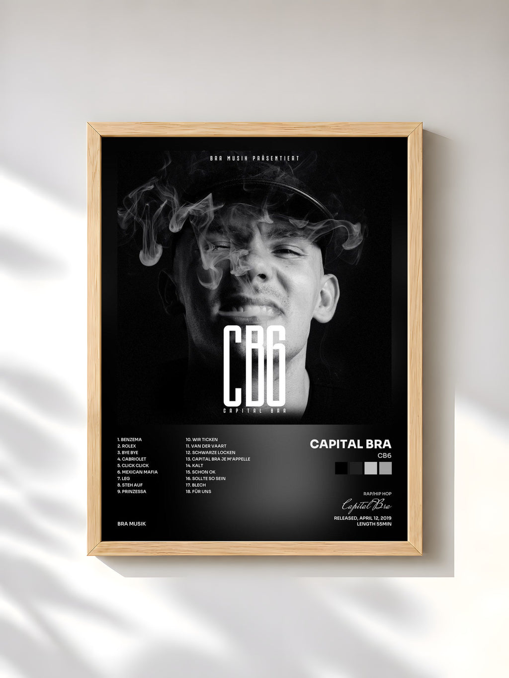#bois Tableau de l'album CB6 de Capital Bra, cadre en bois brut, imprimé et encadré en France