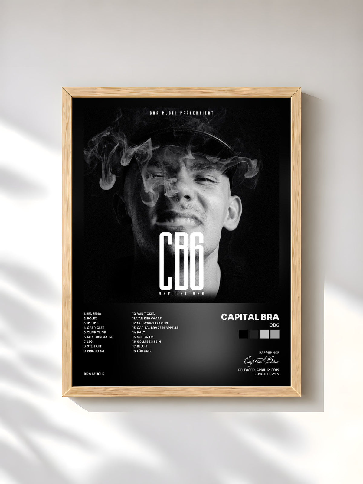 #bois Tableau de l'album CB6 de Capital Bra, cadre en bois brut, imprimé et encadré en France
