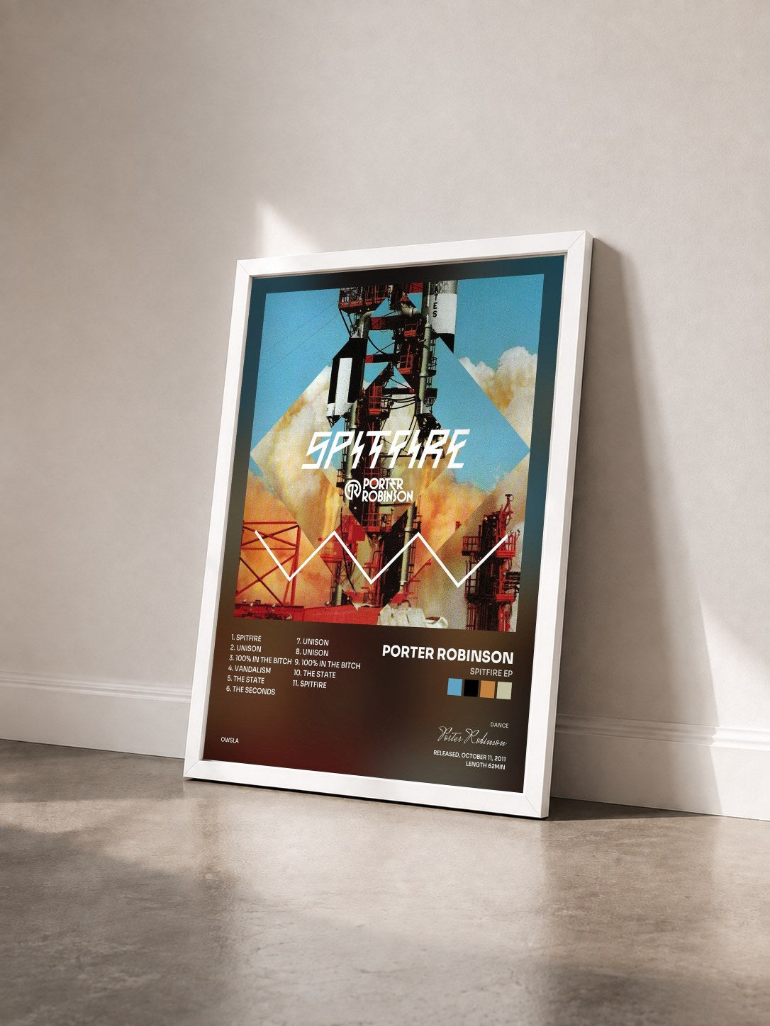 #blanc Tableau de l'album Spitfire EP de Porter Robinson vu de trois quarts, cadre blanc