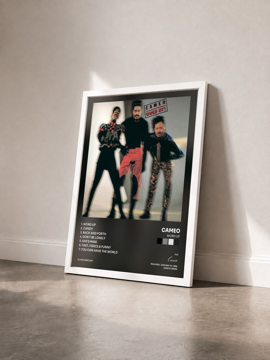 #blanc Tableau de l'album Word Up de Cameo vu de trois quarts, cadre blanc