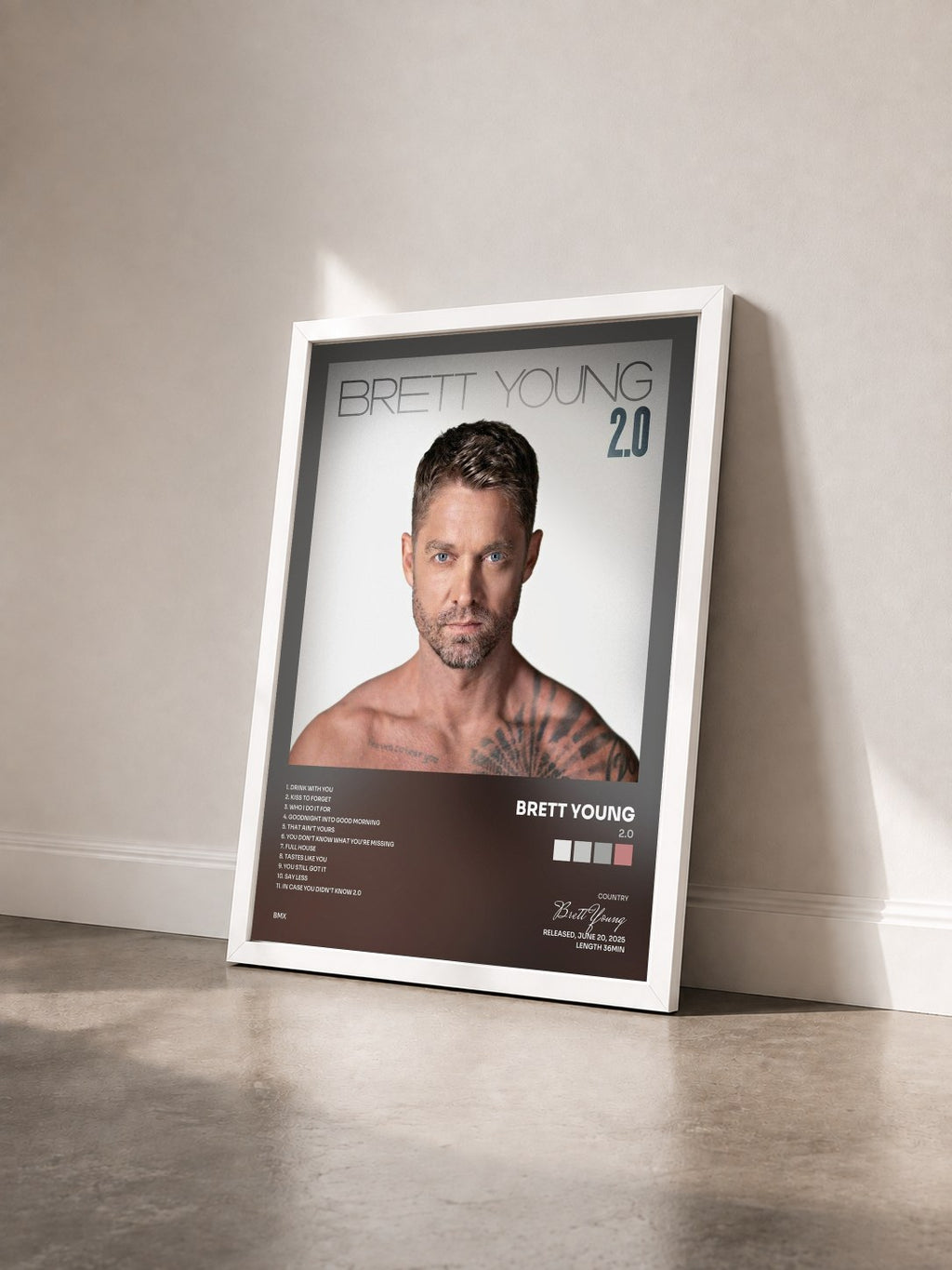 #blanc Tableau de l'album 2.0 de Brett Young vu de trois quarts, cadre blanc