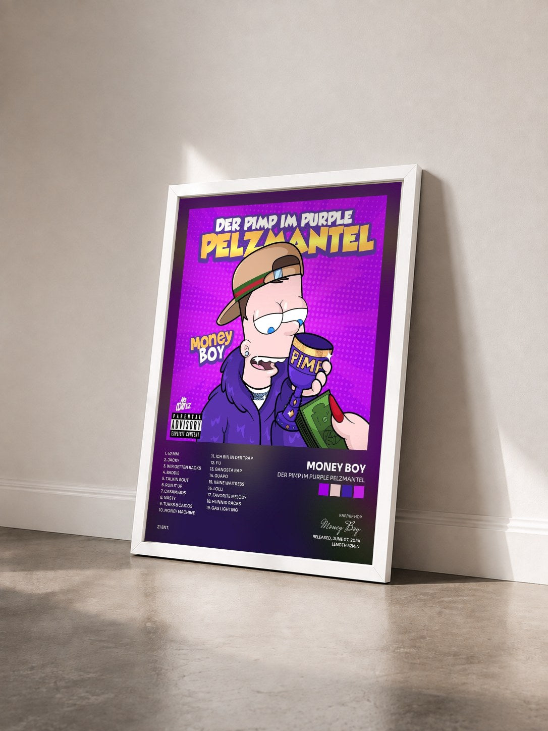 #blanc Tableau de l'album Der Pimp im purple Pelzmantel de Money Boy vu de trois quarts, cadre blanc