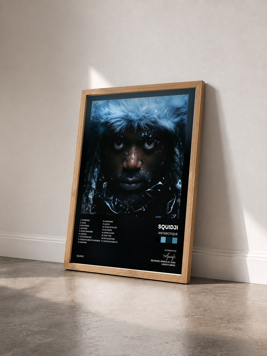 #bois Tableau de l'album ANTARCTIQUE de Squidji vu de trois quarts, cadre en bois brut