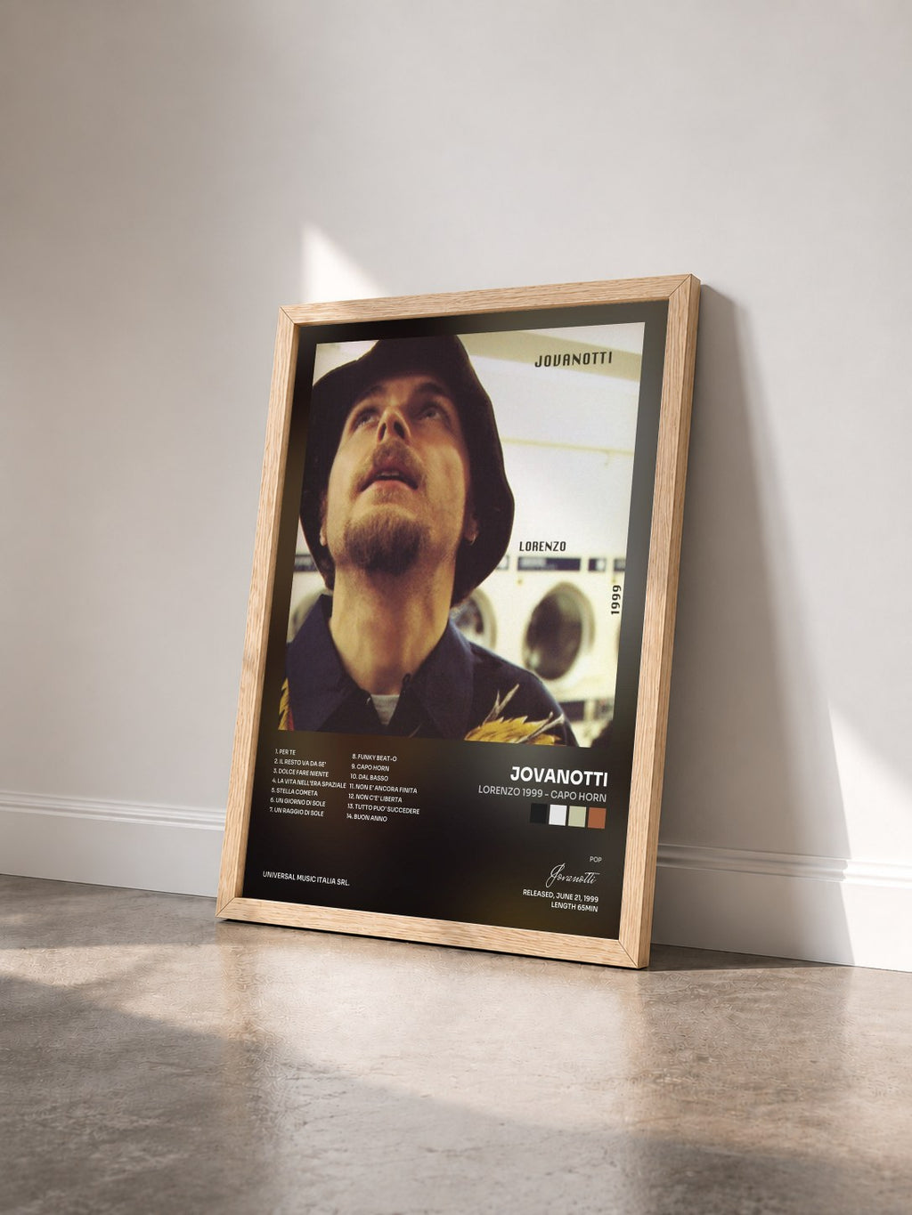 #bois Tableau de l'album Lorenzo 1999 - Capo Horn de Jovanotti vu de trois quarts, cadre en bois brut