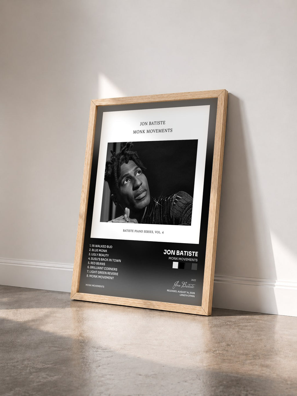 #bois Tableau de l'album Monk Movements de Jon Batiste vu de trois quarts, cadre en bois brut