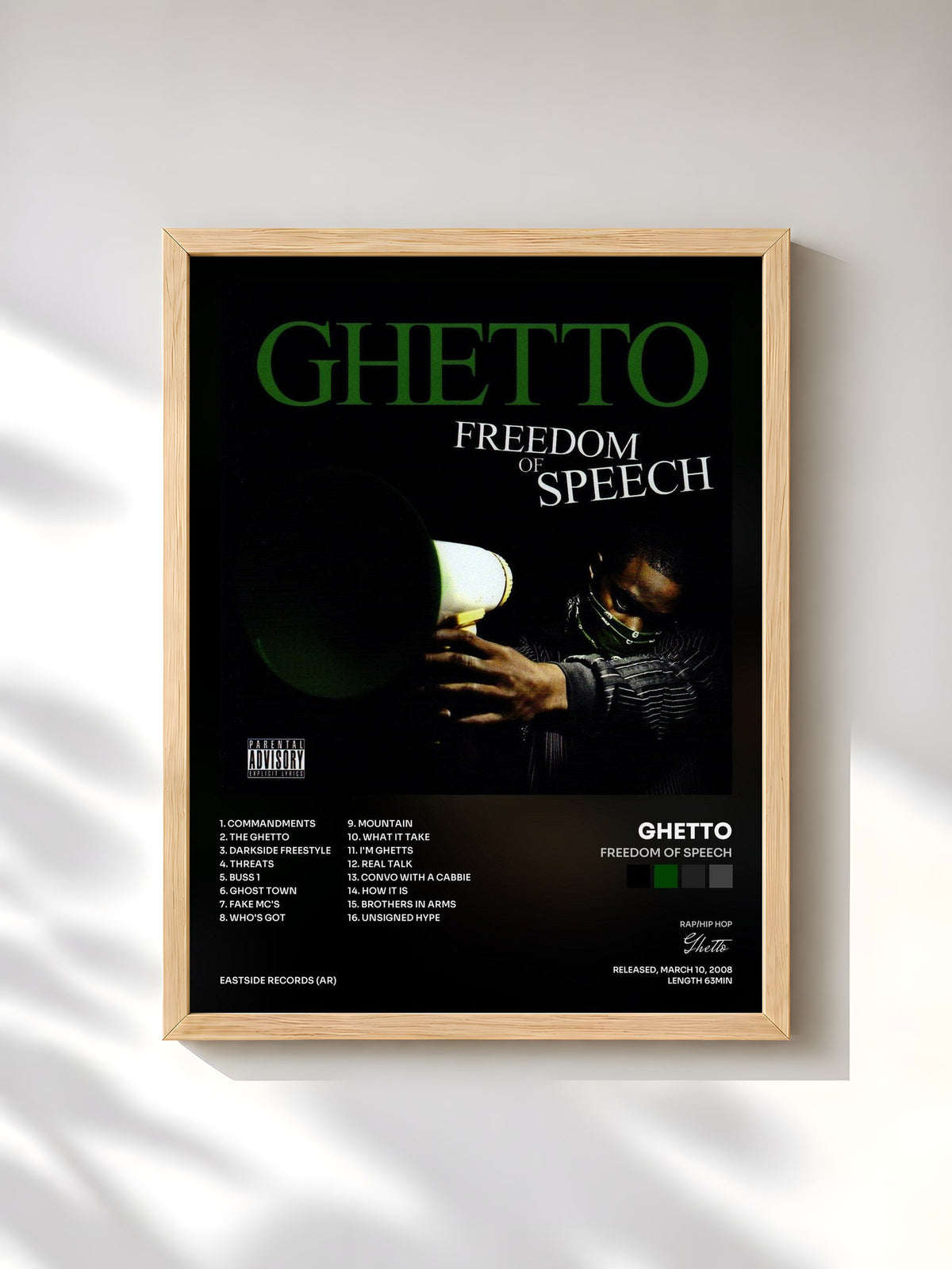 #bois Tableau de l'album Freedom of Speech de Ghetto, cadre en bois brut, imprimé et encadré en France