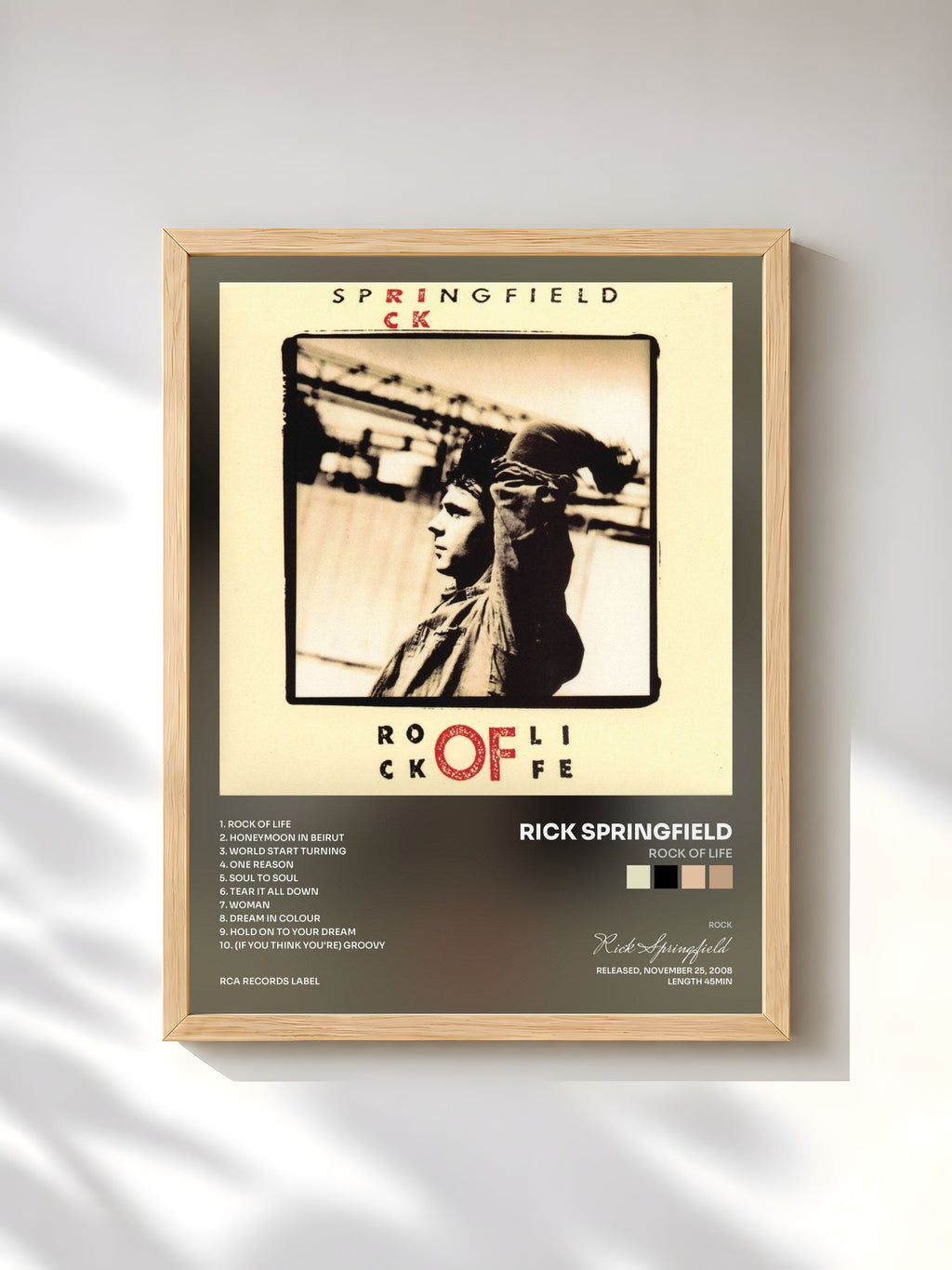 #bois Tableau de l'album Rock of Life de Rick Springfield, cadre en bois brut, imprimé et encadré en France