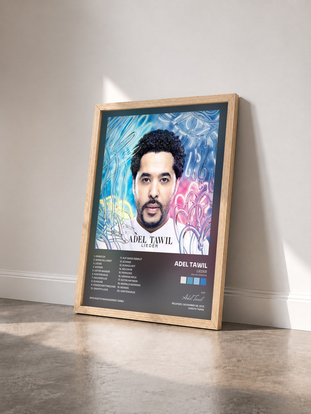 #bois Tableau de l'album Lieder (Deluxe Version) de Adel Tawil vu de trois quarts, cadre en bois brut