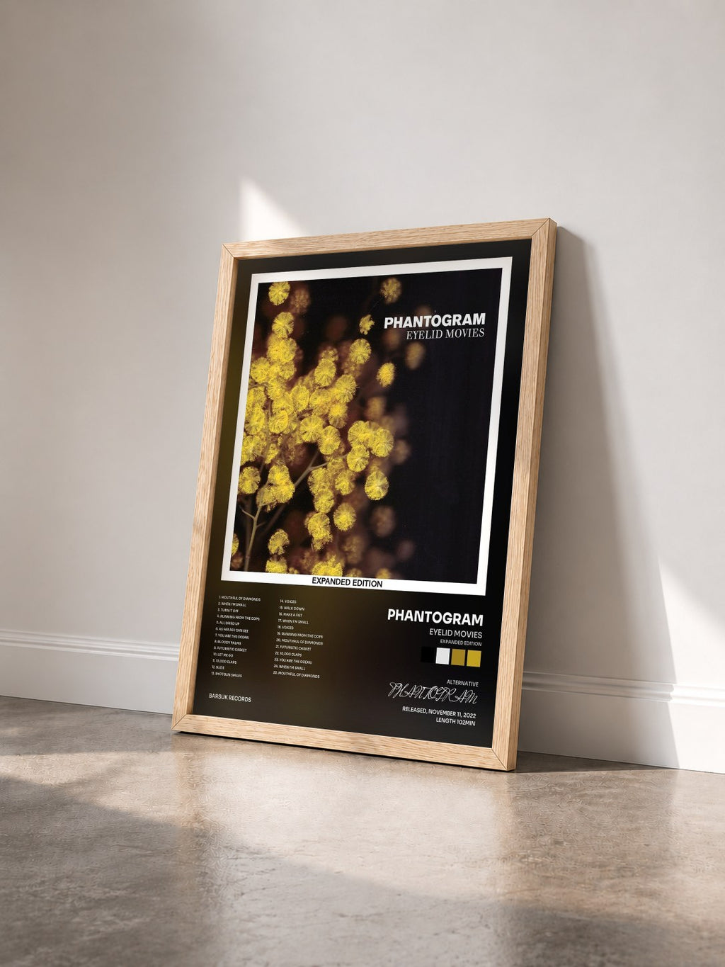 #bois Tableau de l'album Eyelid Movies (Expanded Edition) de PHANTOGRAM vu de trois quarts, cadre en bois brut
