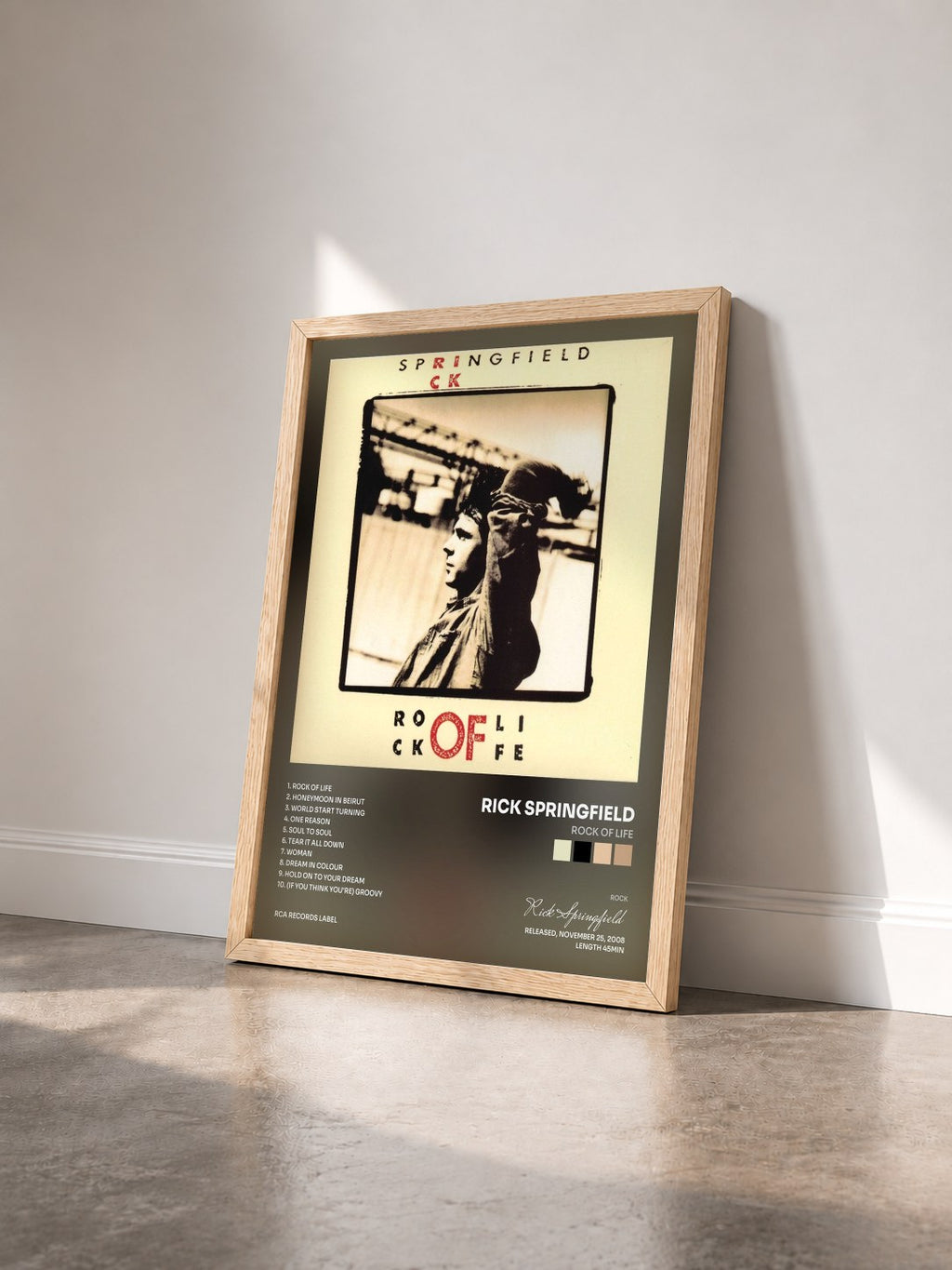 #bois Tableau de l'album Rock of Life de Rick Springfield vu de trois quarts, cadre en bois brut