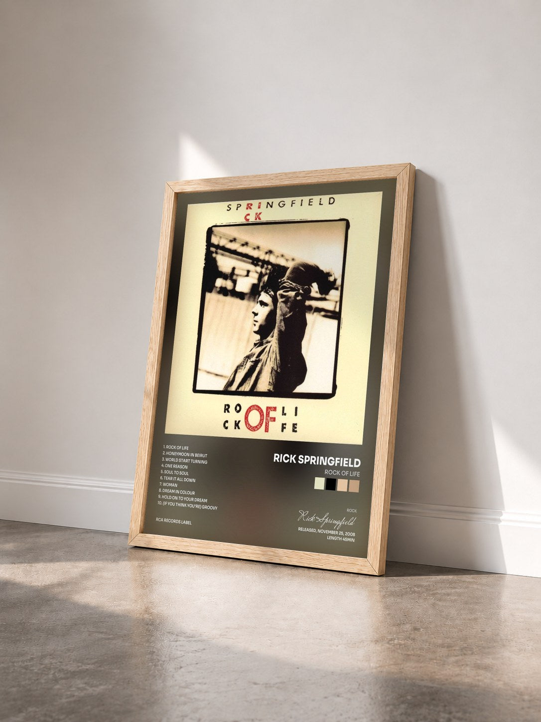 #bois Tableau de l'album Rock of Life de Rick Springfield vu de trois quarts, cadre en bois brut