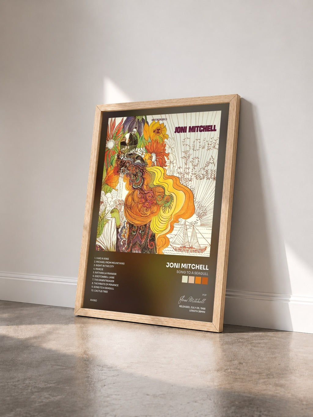 #bois Tableau de l'album Song to a Seagull de Joni Mitchell vu de trois quarts, cadre en bois brut