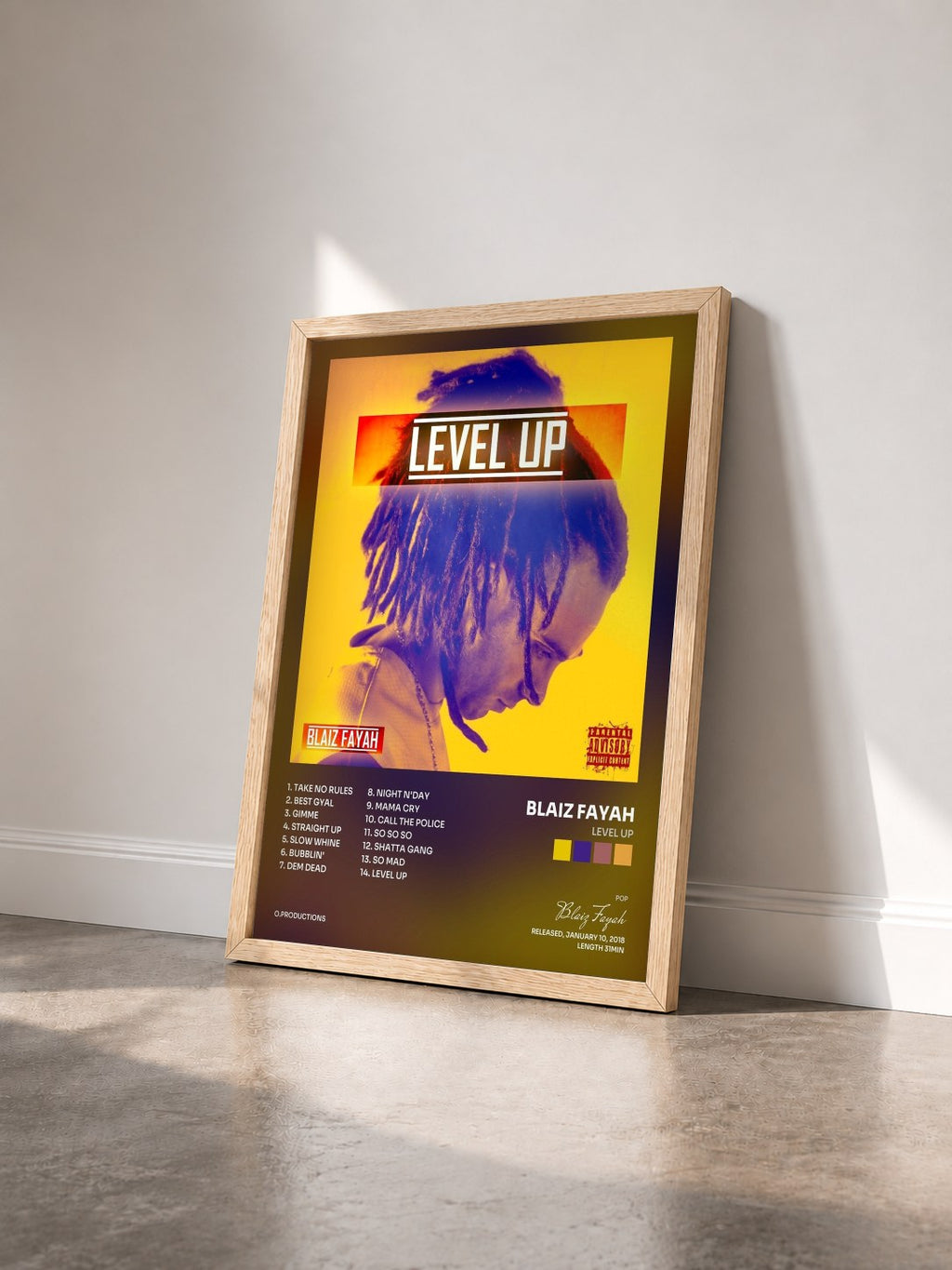 #bois Tableau de l'album Level Up de Blaiz Fayah vu de trois quarts, cadre en bois brut