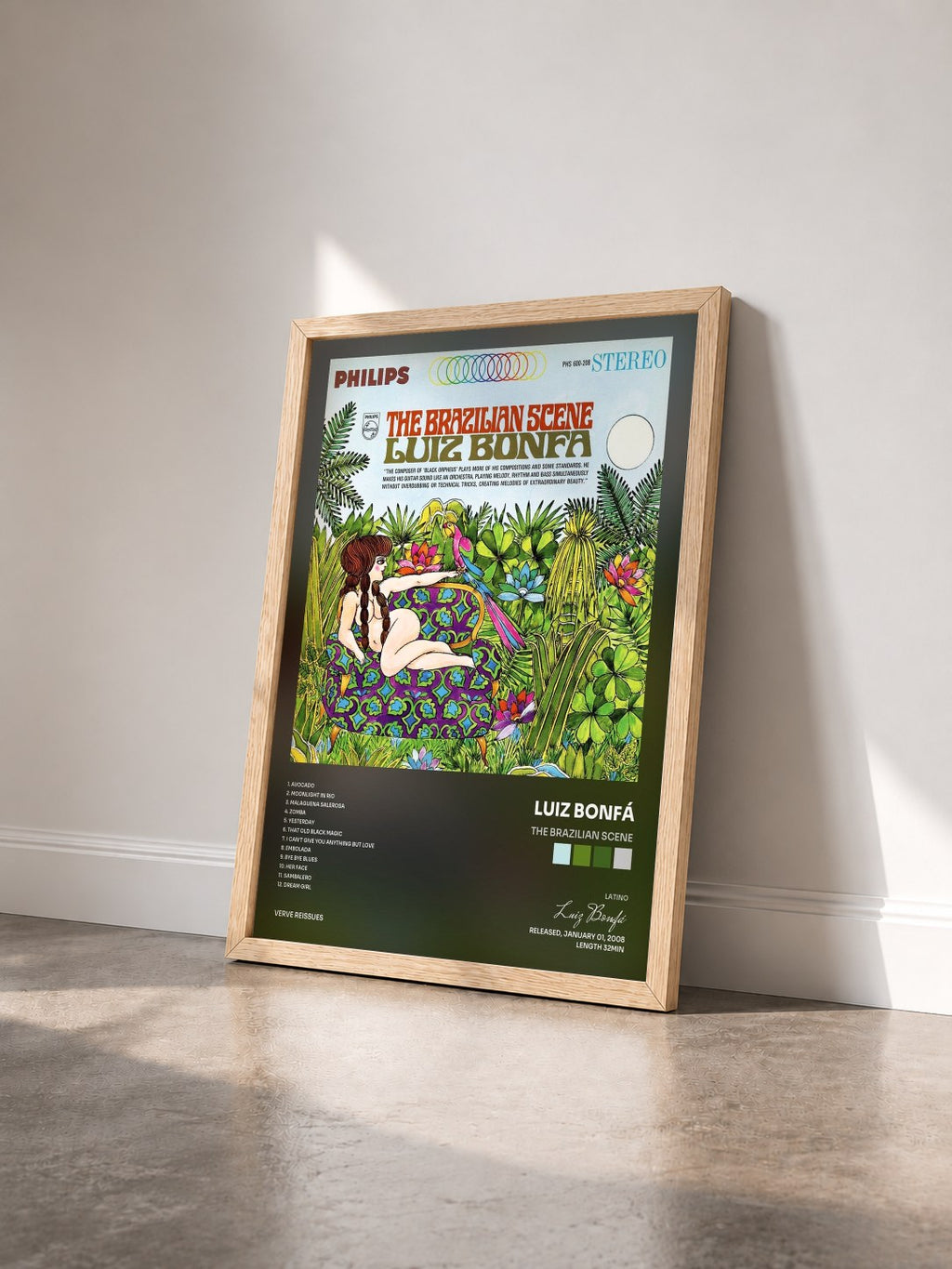 #bois Tableau de l'album The Brazilian Scene de Luiz Bonfá vu de trois quarts, cadre en bois brut