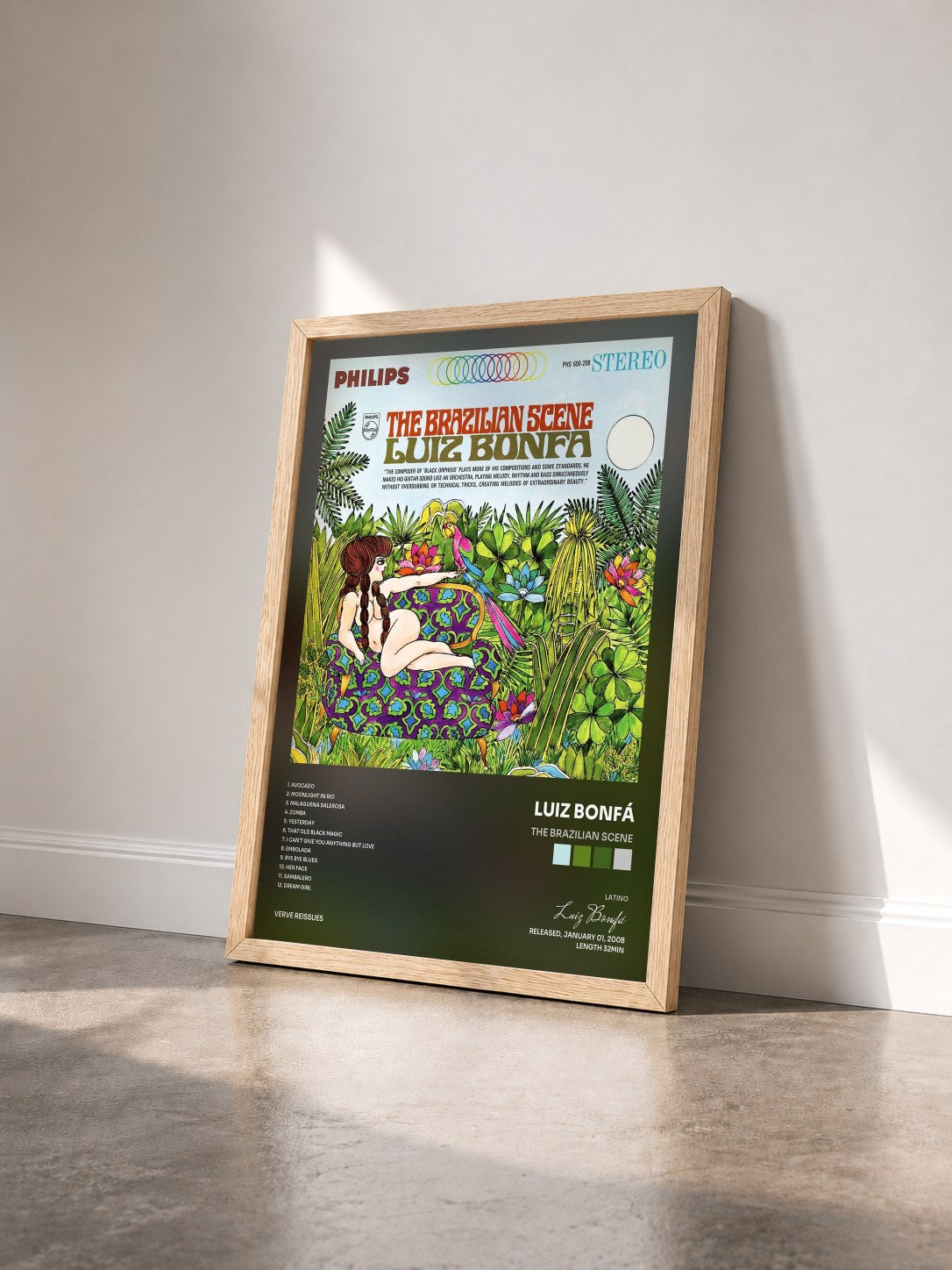 #bois Tableau de l'album The Brazilian Scene de Luiz Bonfá vu de trois quarts, cadre en bois brut