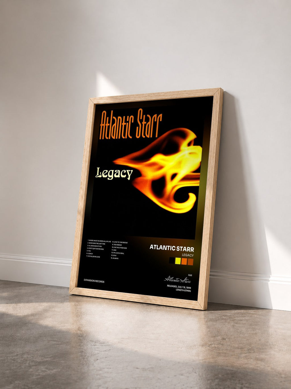 #bois Tableau de l'album Legacy de Atlantic Starr vu de trois quarts, cadre en bois brut