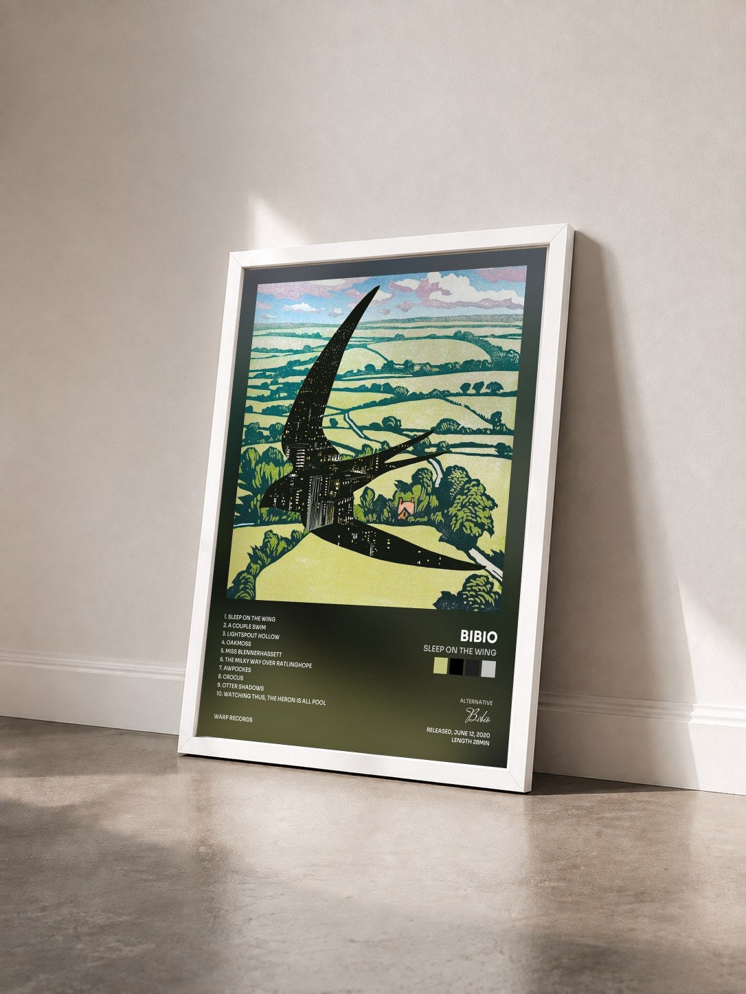 #blanc Tableau de l'album Sleep On The Wing de Bibio vu de trois quarts, cadre blanc