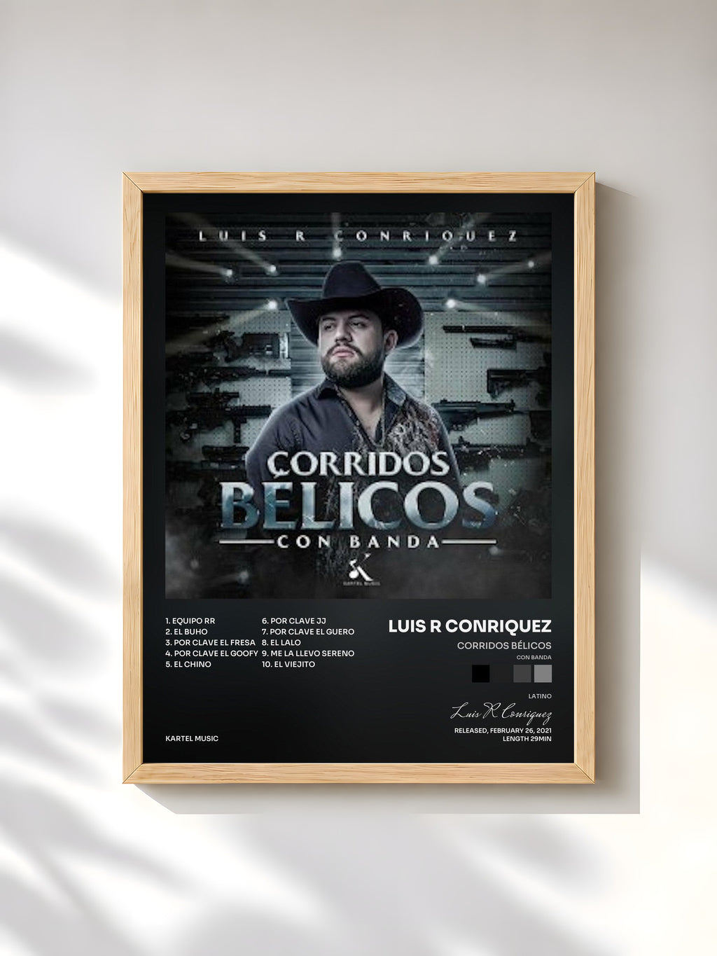 #bois Tableau de l'album Corridos Bélicos (Con Banda) de Luis R Conriquez, cadre en bois brut, imprimé et encadré en France