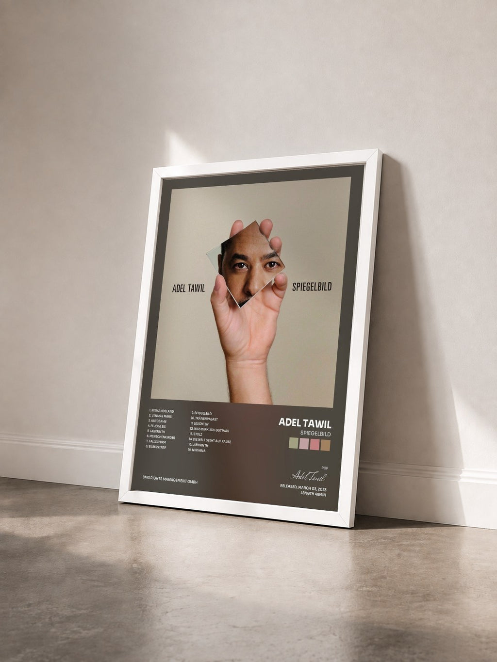 #blanc Tableau de l'album Spiegelbild de Adel Tawil vu de trois quarts, cadre blanc