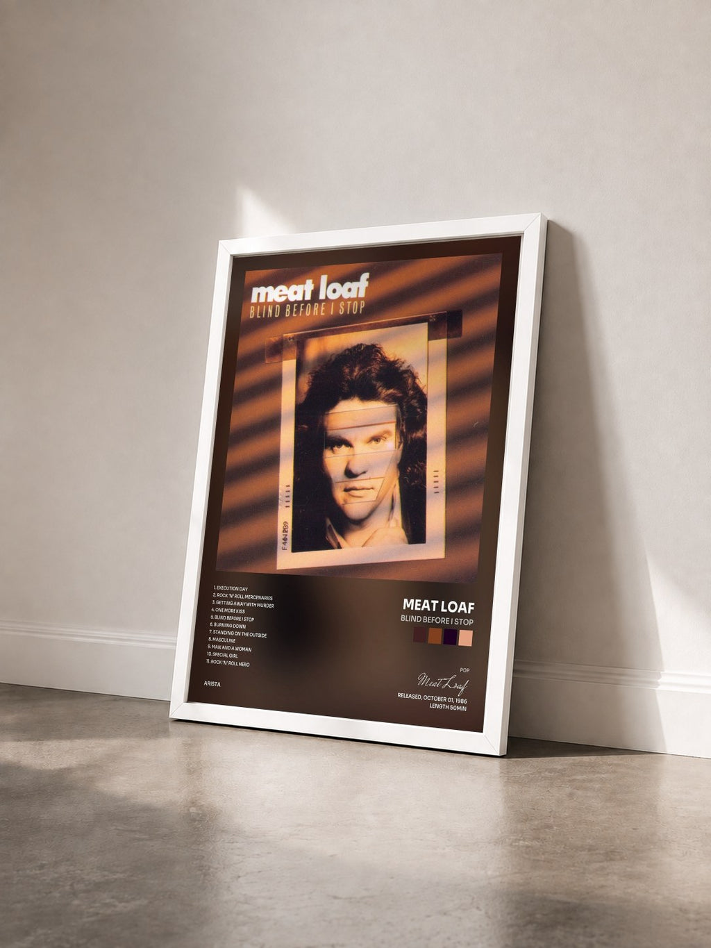 #blanc Tableau de l'album Blind Before I Stop de Meat Loaf vu de trois quarts, cadre blanc
