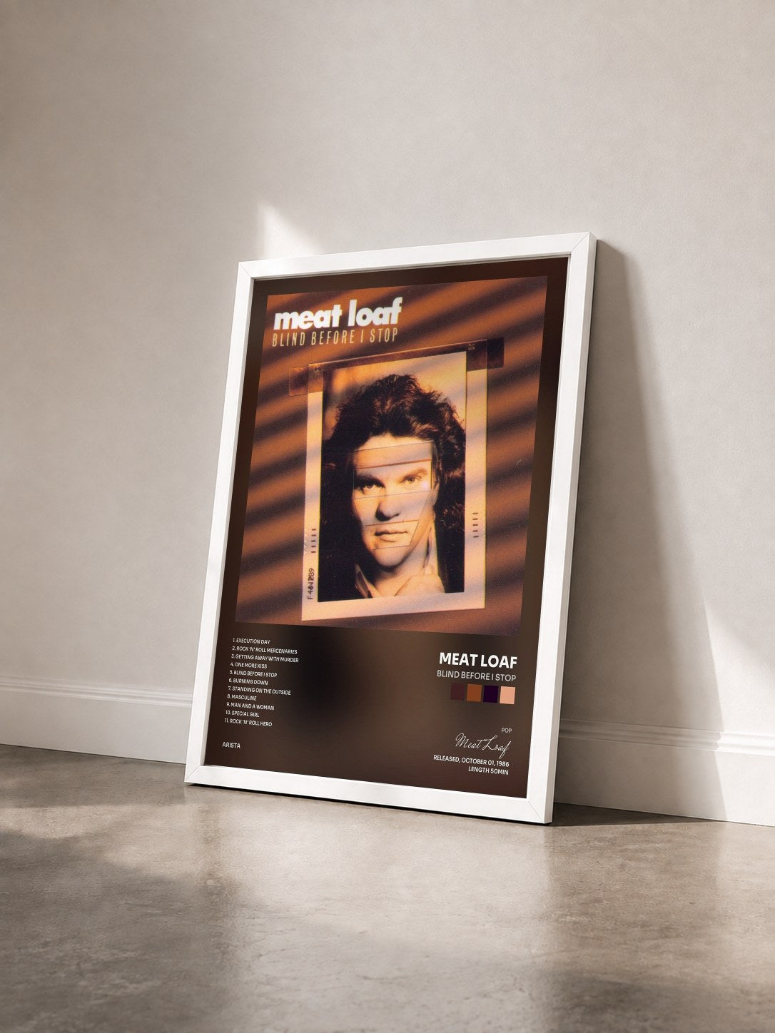 #blanc Tableau de l'album Blind Before I Stop de Meat Loaf vu de trois quarts, cadre blanc